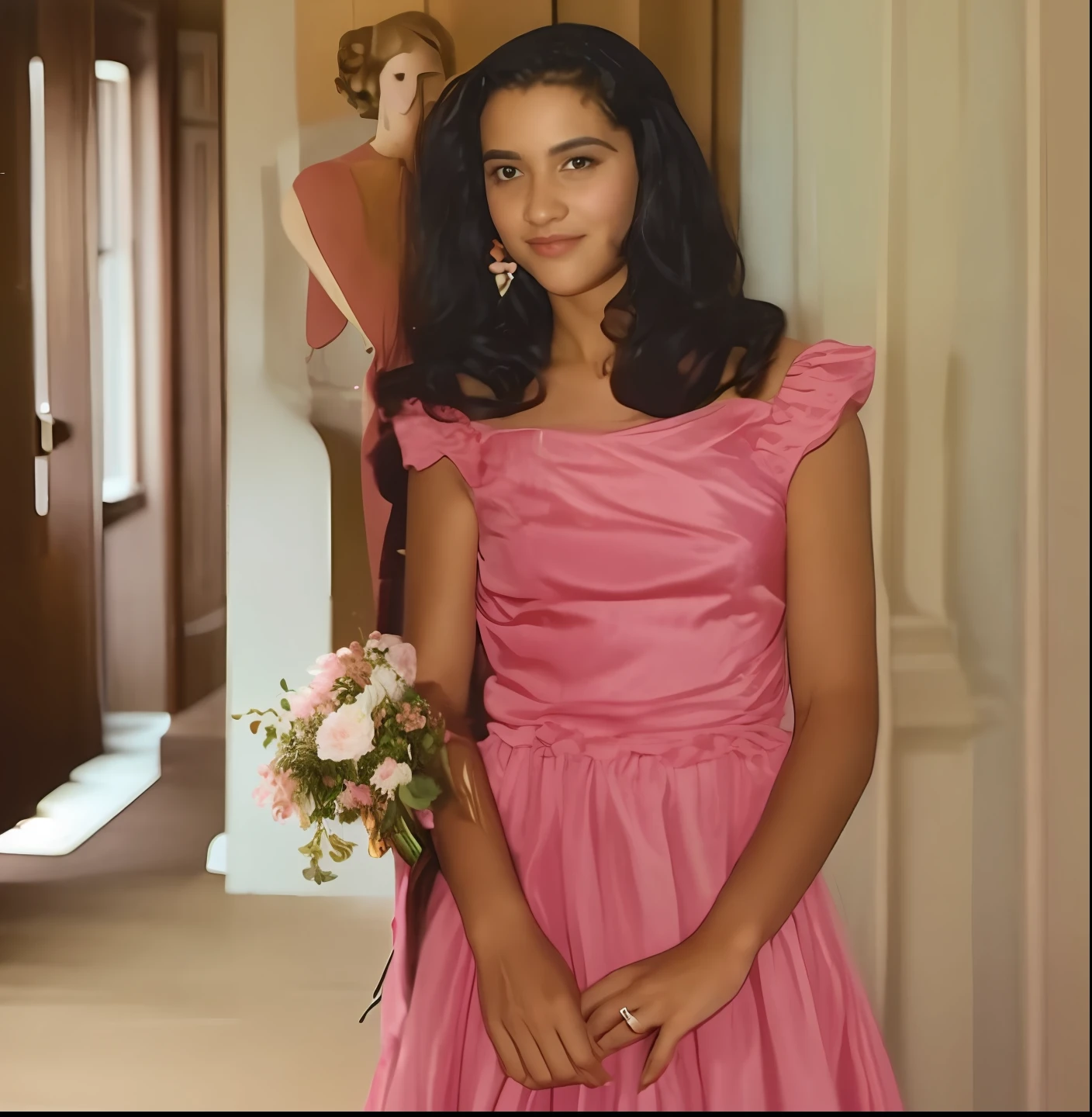 There is a woman in a pink dress holding a bouquet, dressed in a pink dress, wearing a pink dress, about 1 9 , wearing a pink salon dress, about 3 5 years old pink floral dress, 13 years old, takee 1980s, bright pink ball gown, Sandra Chevier, profile picture,  best quality