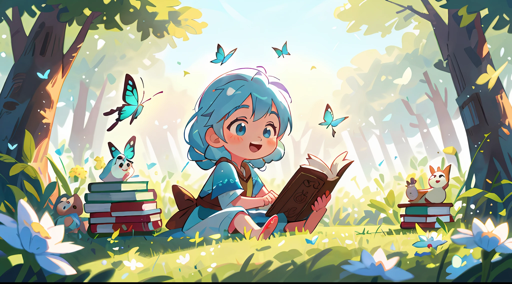 High Detail, Ultra Detail, 8K, Ultra High Resolution, Elsa, from Frozen, , toddl, enjoying her time in the open field, surrounded by the beauty of nature and books, warm sun sprinkling on her, wildflowers gently swaying in the breeze. Butterflies and birds flutter around her, adding to the playful atmosphere, pastel blue hair tie