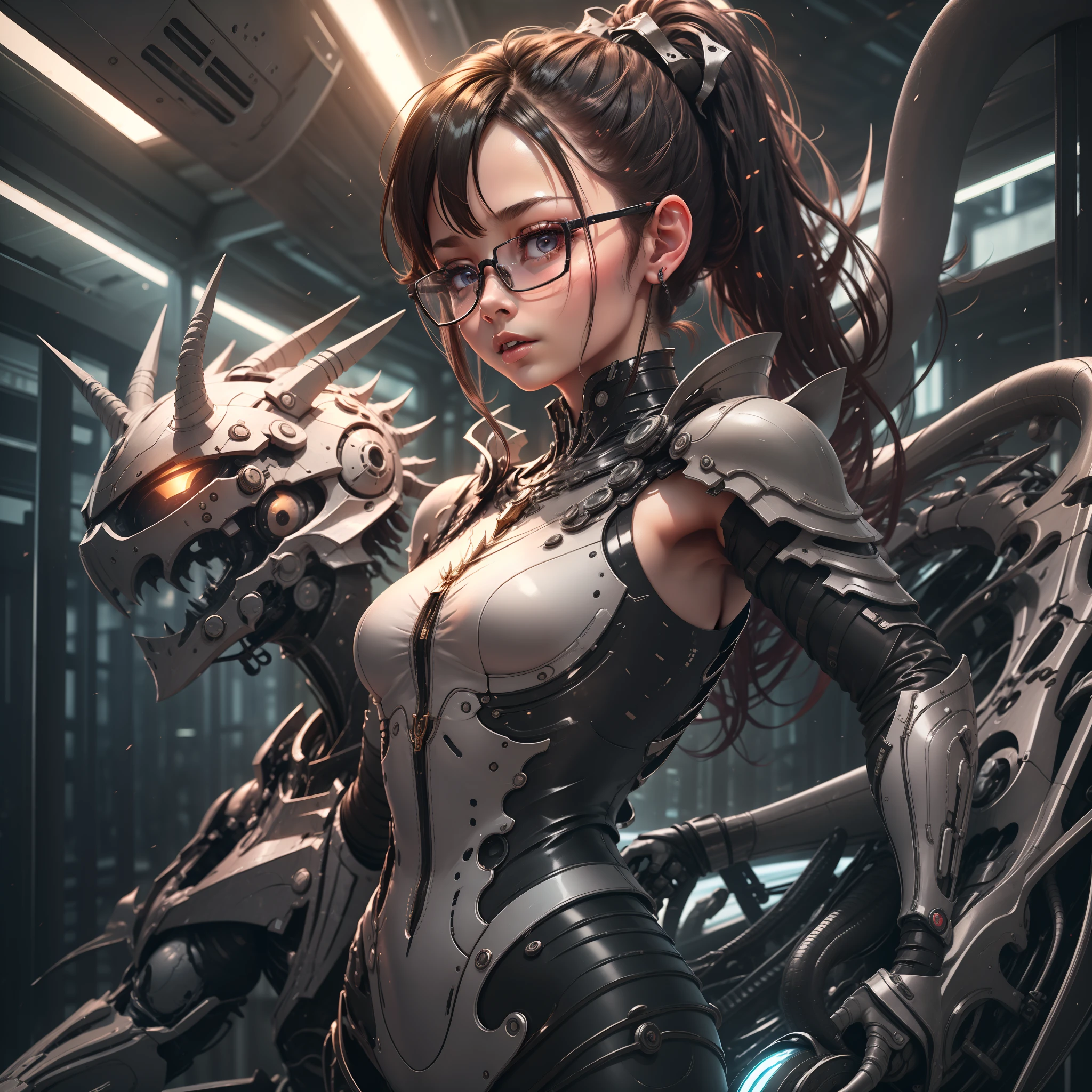 Cyborg, Girl, Ponytail, Glasses, 1Girl, Realistic