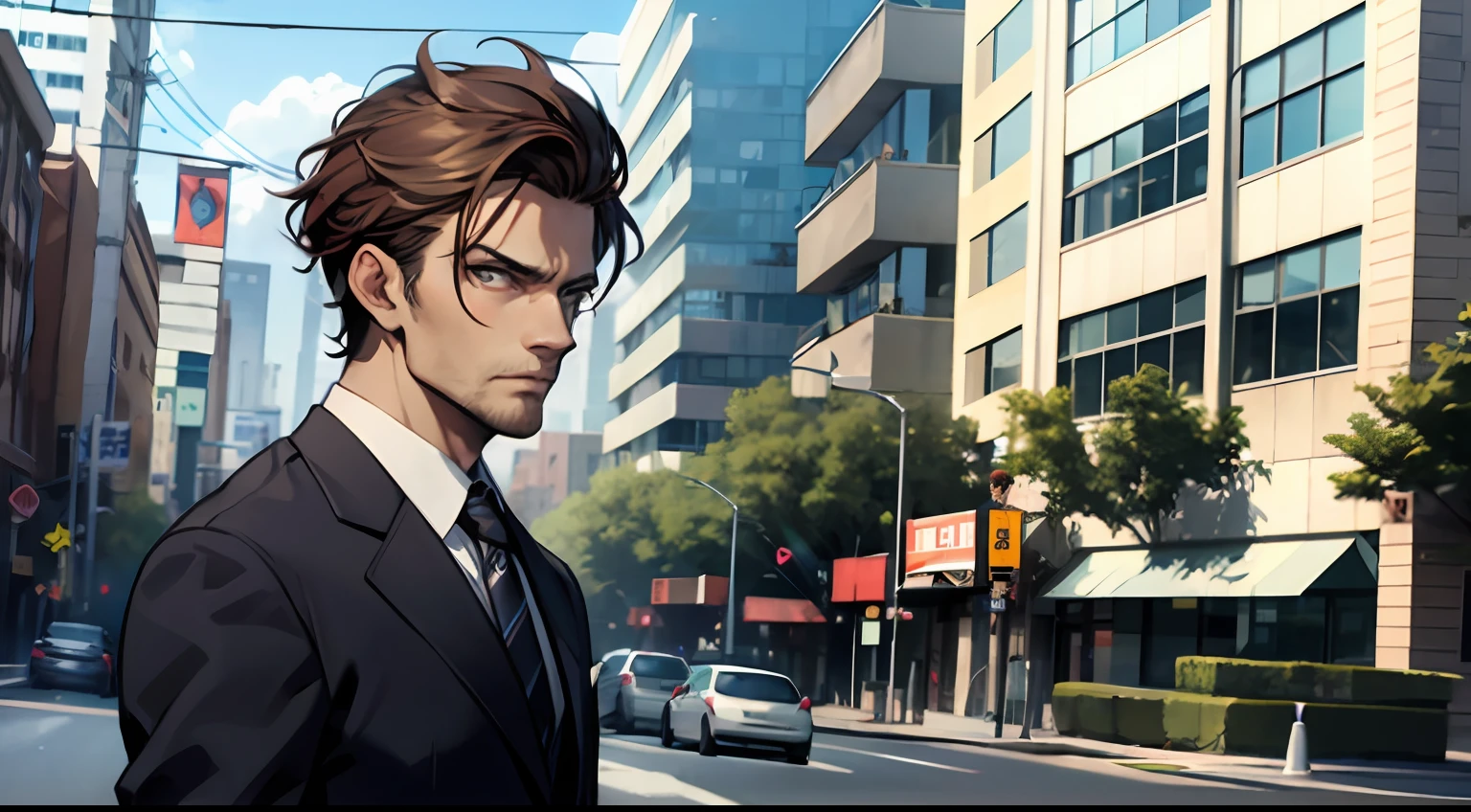 Masterpiece, of the best quality, a man, in a suit, indifferent, roadside