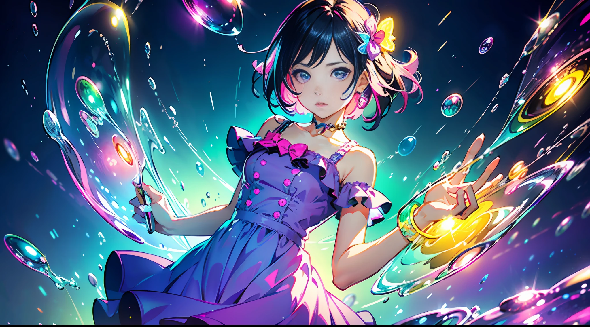 high quality, one standing girl, dress, detailed face, clear hands, pink and purple clouds background, ((neon colorful soap bubbles))