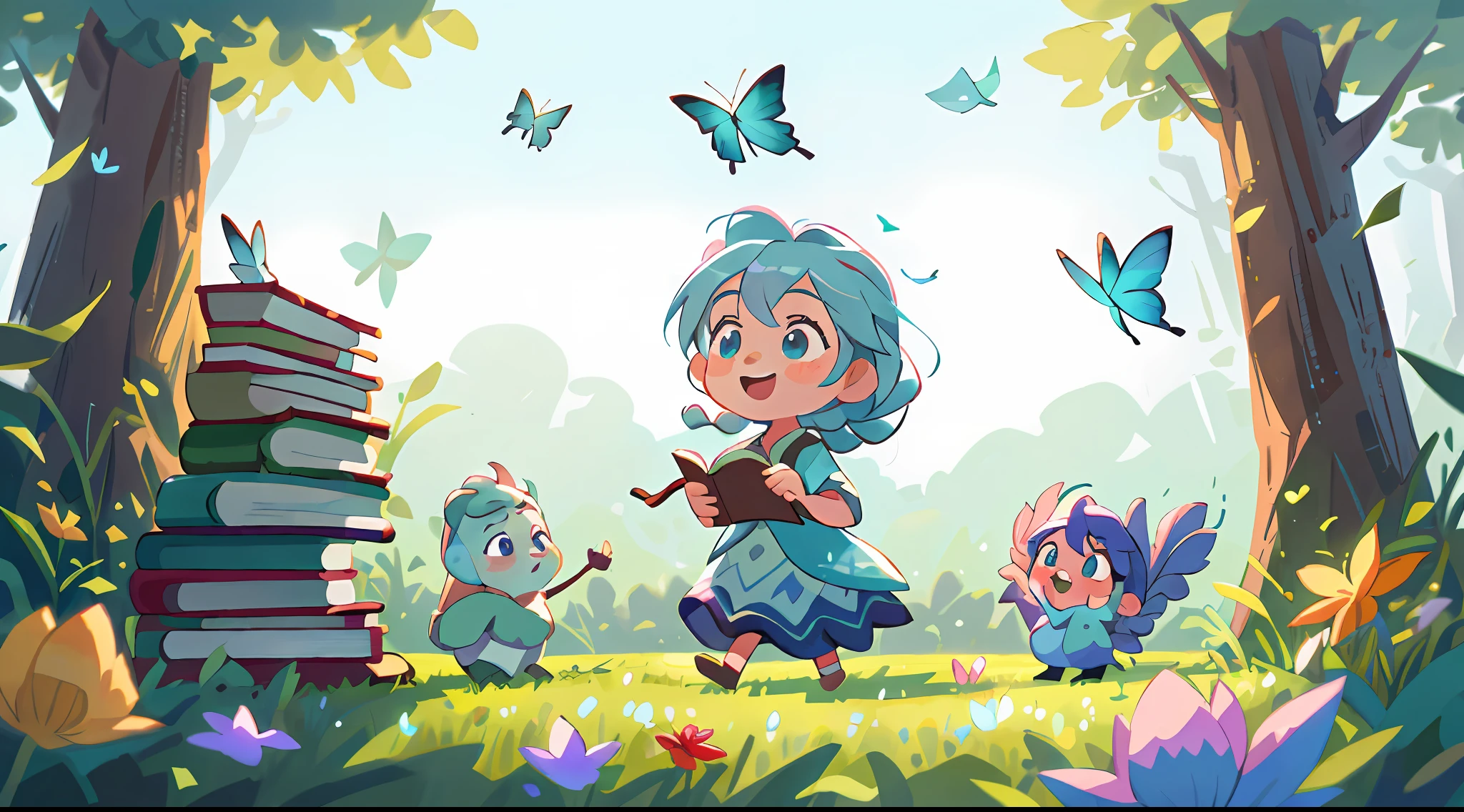 High Detail, Ultra Detail, 8K, Ultra High Resolution, Elsa, from Frozen, child, toddler, enjoying her time in the open field, surrounded by the beauty of nature and books, warm sun sprinkling on her, wildflowers gently swaying in the breeze. Butterflies and birds flutter around her, adding to the playful atmosphere, pastel blue hair tie