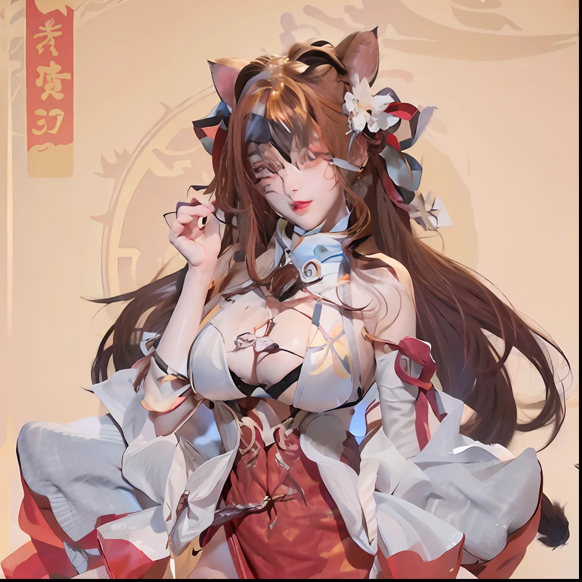 a woman in a red dress and white top with a cat ears, keqing from genshin impact, ayaka genshin impact, zhongli from genshin impact, genshin, onmyoji, ayaka game genshin impact, full body xianxia, onmyoji portrait, cushart krenz key art feminine, inspired by Pu Hua