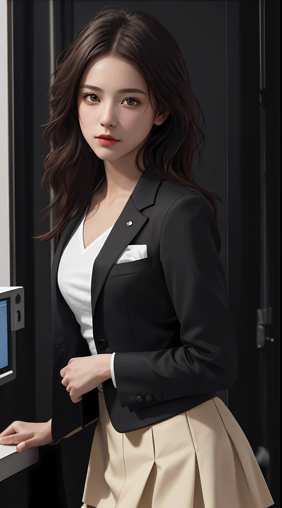 Top Quality, Masterpiece, 1 Girl, Beautiful Face, (Photorealistic Picture:1.3), Rim Lighting, (High Detail Skin:1.2), 8K UHD, DSLR, High Quality, High Resolution, 4K, 8K, Bokeh, Absurdity, Best Ratio Four Fingers and One Thumb, (Real:1.3), Small Face, Cute One Girl, Black Formal Blazer, Middle Breast, Short Skirt,Office