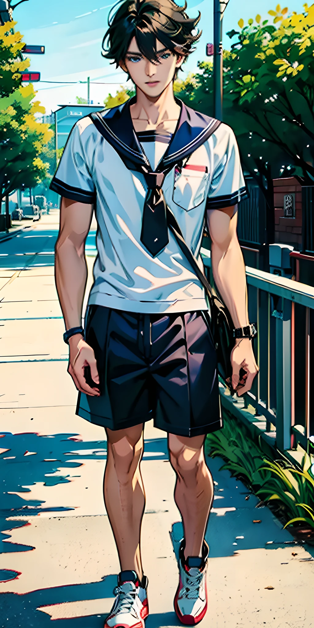 anime guy with a tie and shorts walking down a sidewalk, anime artstyle, handsome anime pose, tall anime guy with blue eyes, anime boy, muscular!!, male anime style, full body portrait of a short!, advanced digital anime art ”, in anime style, muscular!, male anime character, digital anime illustration, anime style. 8k, anime man