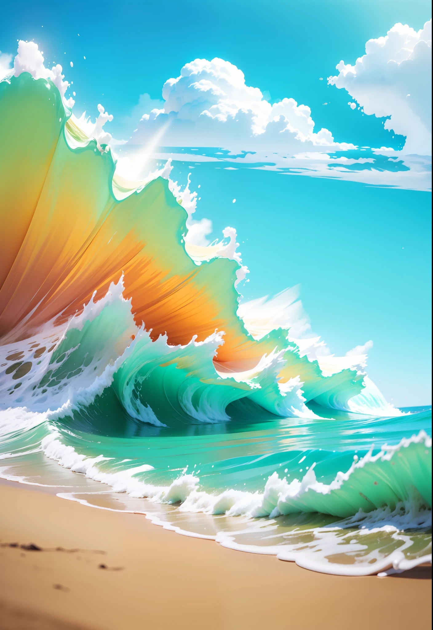 Summer seaside, beach, sunny weather, clear sky, sunny, colorful, happy summer vacation, simple picture, close-up, brilliant sunshine, distant waves, visual impact, 3D dreamWorks style