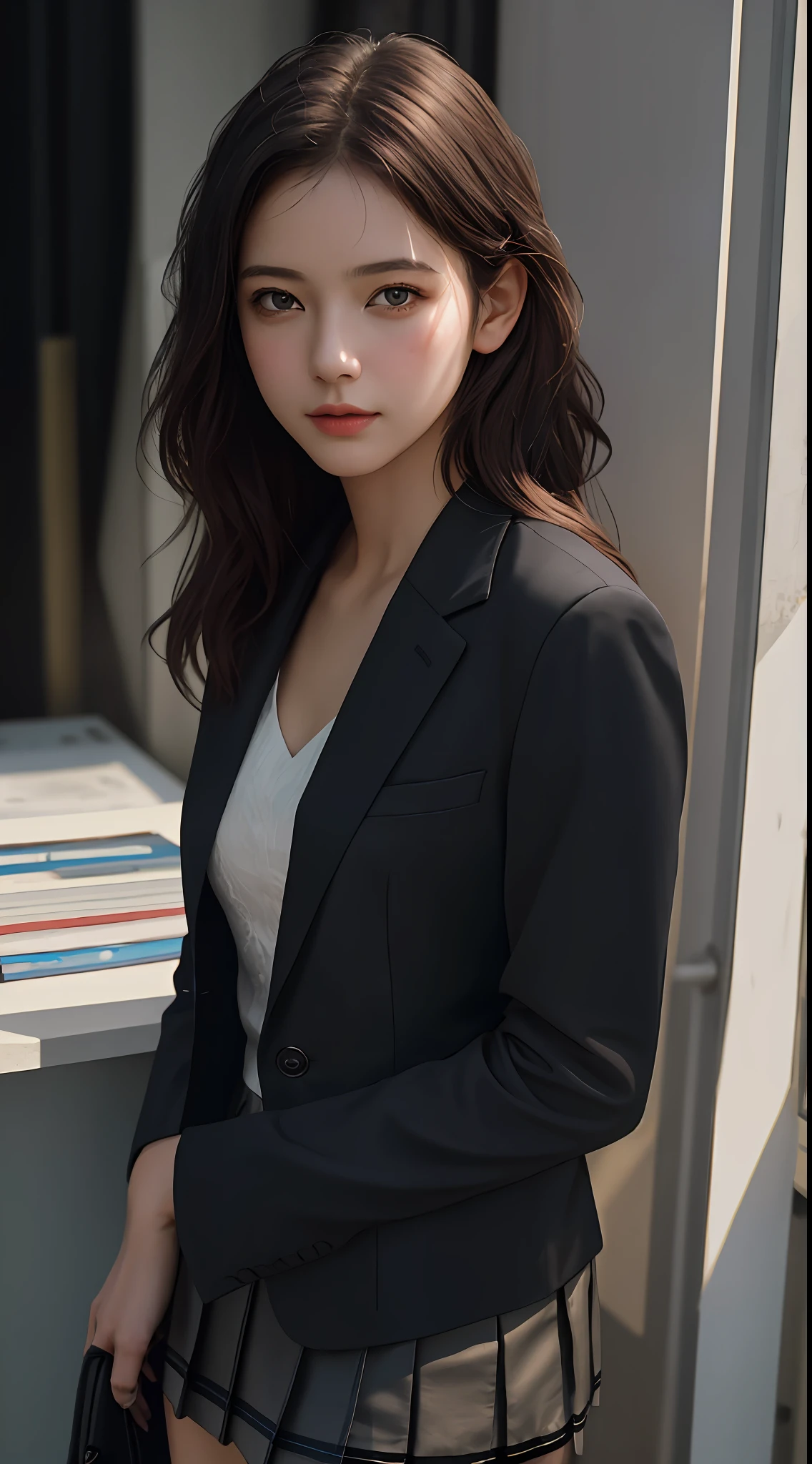 Top Quality, Masterpiece, 1 Girl, Beautiful Face, (Photorealistic Picture:1.3), Rim Lighting, (High Detail Skin:1.2), 8K UHD, DSLR, High Quality, High Resolution, 4K, 8K, Bokeh, Absurdity, Best Ratio Four Fingers and One Thumb, (Real:1.3), Small Face, Cute One Girl, Black Formal Blazer, Middle Breast, Short Skirt,Office