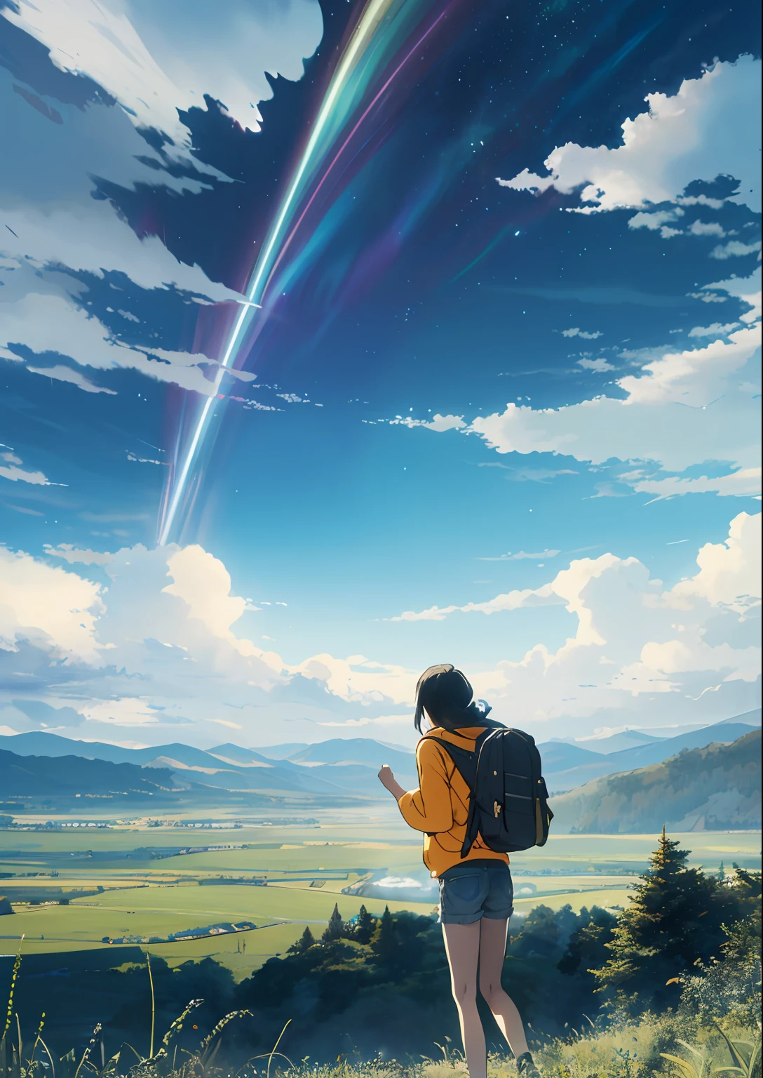 The vast sky, beautiful skyline, large grasslands, extremely tense and dramatic pictures, moving visual effects, the high-hanging Polaris, and colorful natural light. Long-sleeved top, denim shorts, and a girl with a backpack.