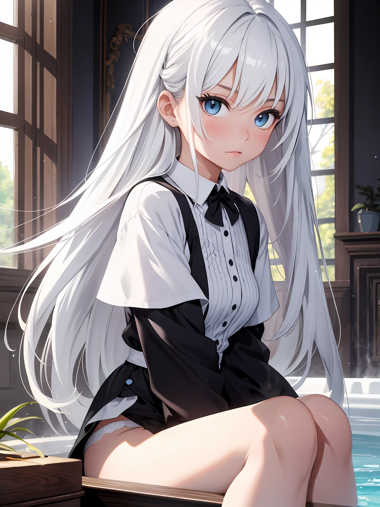 master masterpiece,, topquality, depth offield、, break, (painting: 1.6),illustration,,CARTOON,,,break,Single Girl,16 years old,, break, with big eyes, Beautiful Finely Detailed Eyes, Sharp Eyes, emenardo blue eyes, long lashes, blush, white hair, break, watch from the side, break, break, break, high satur, break, 、bath、, break, White Panties, break, break, erotic, naughty, ,pubic hair is transparent, Lustful, break,