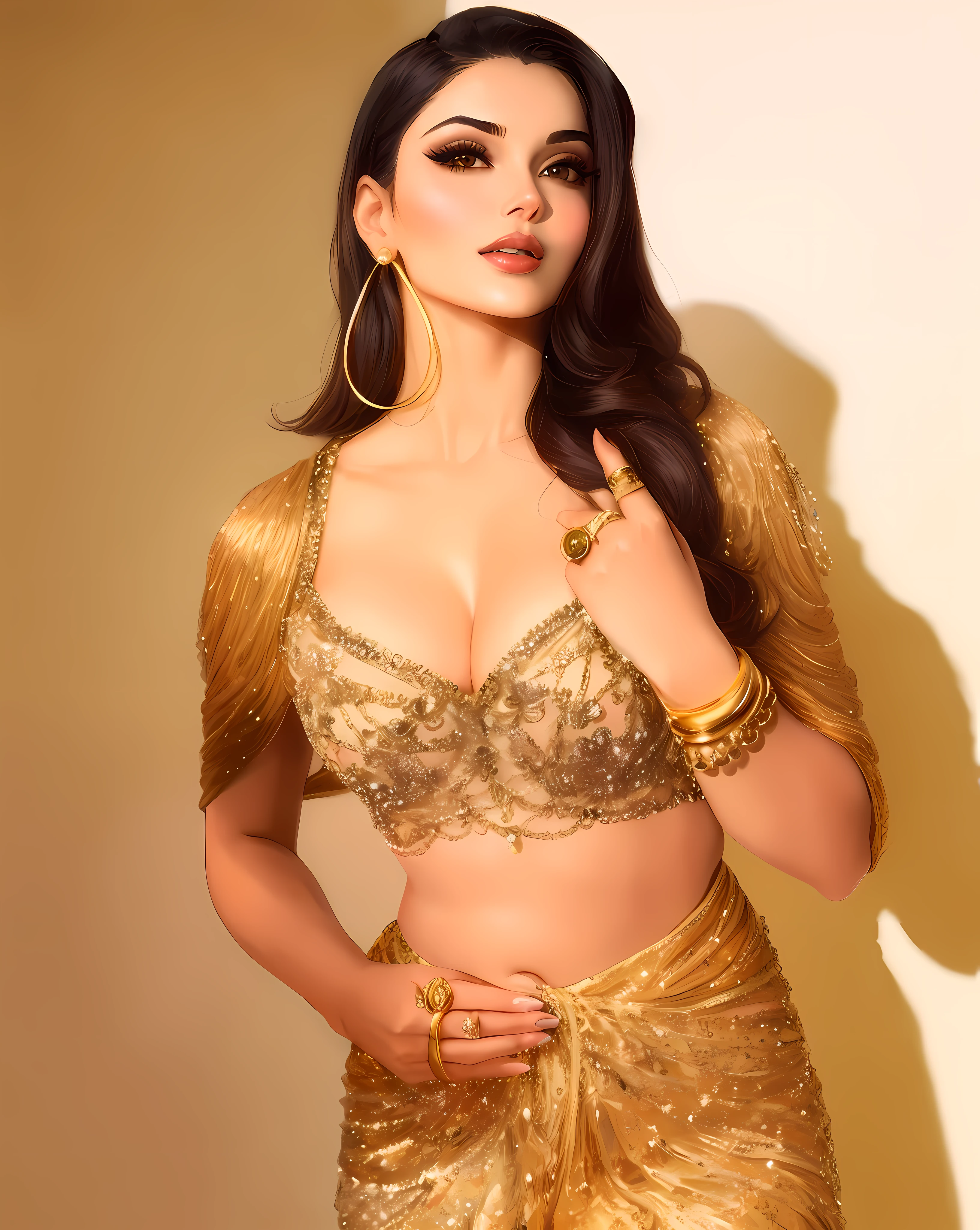 gold outfit posing for a picture, in a gold suit, gilded outfit, intricate outfit, gold clothes, sequins, portrait of sherlyn chopra, draped in silky gold, shiny gold, draped in gold, sunny leone, aishwarya rai, actress, she is dressed as a belly dancer, golden goddess"big tits"big  boobs