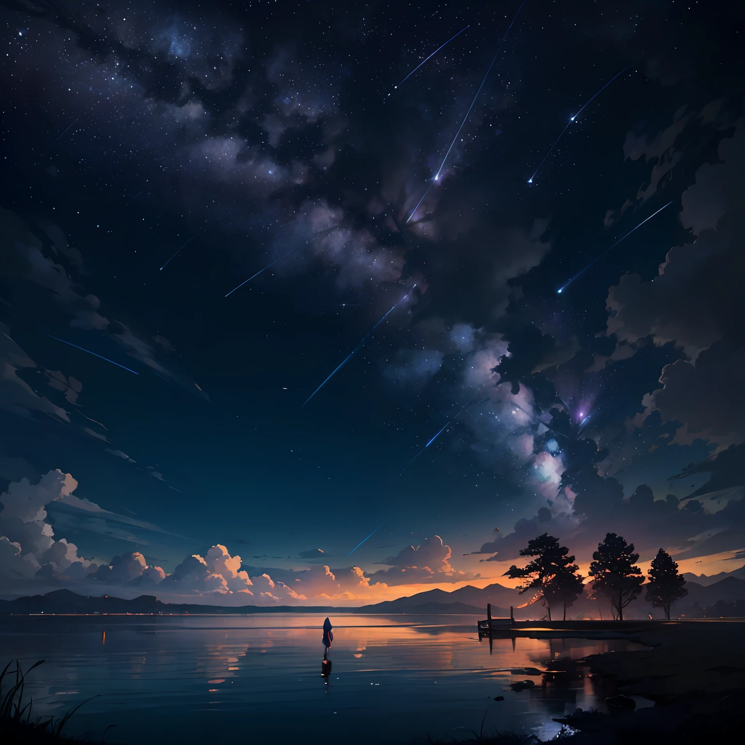 Shooting a painting of shooting stars over the lake, there are two shooting stars, pink and blue shooting stars. The blue sky, the pink-purple lake surface, has a layered color transition. You name it movie style, anime backgrounds, anime movie backgrounds, perfect reflection effects, anime sky, amazing wallpapers, vibrant colors, vibrant colors, bright colors. You name it, colorful anime movie backgrounds, anime clouds, no houses, no buildings, no humans. There are no ships. Beautiful anime scenes, anime background art, cosmic sky. Author: Makoto Shinkai, ufotable art style, anime beautiful peaceful scenes, atmospheric anime --auto