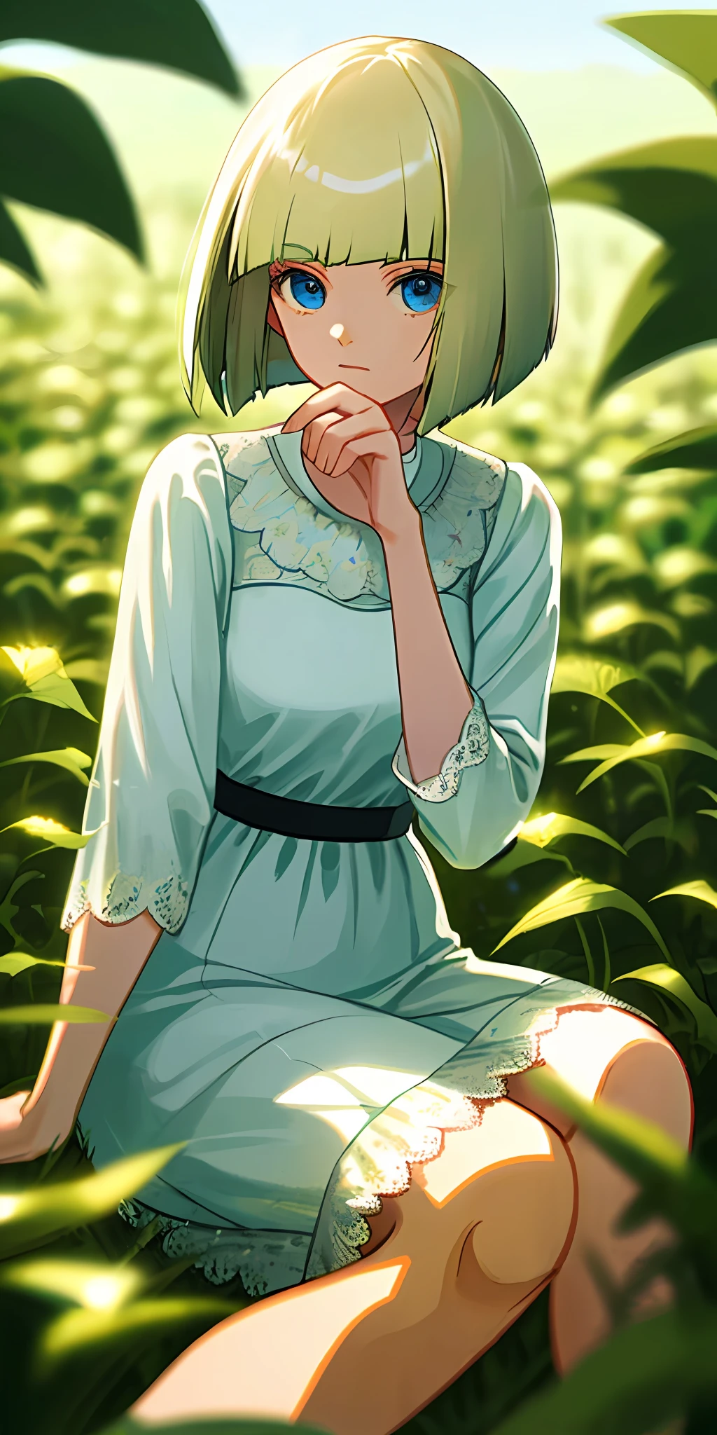 (masterpiece, best quality),1girl with platinum blonde hair sitting in a field of green plants and flowers, her hand under her chin, bob cut, blue eyes, warm lighting, white dress, blurry foreground
