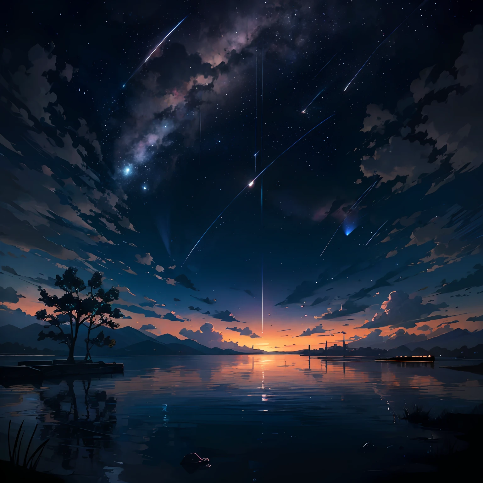 Shooting a painting of shooting stars over the lake, there are two shooting stars, pink and blue shooting stars. The blue sky, the pink-purple lake surface, has a layered color transition. You name it movie style, anime backgrounds, anime movie backgrounds, perfect reflection effects, anime sky, amazing wallpapers, vibrant colors, vibrant colors, bright colors. You name it, colorful anime movie backgrounds, anime clouds, no houses, no buildings, no humans. There are no ships. Beautiful anime scenes, anime background art, cosmic sky. Author: Makoto Shinkai, ufotable art style, anime beautiful peaceful scenes, atmospheric anime --auto