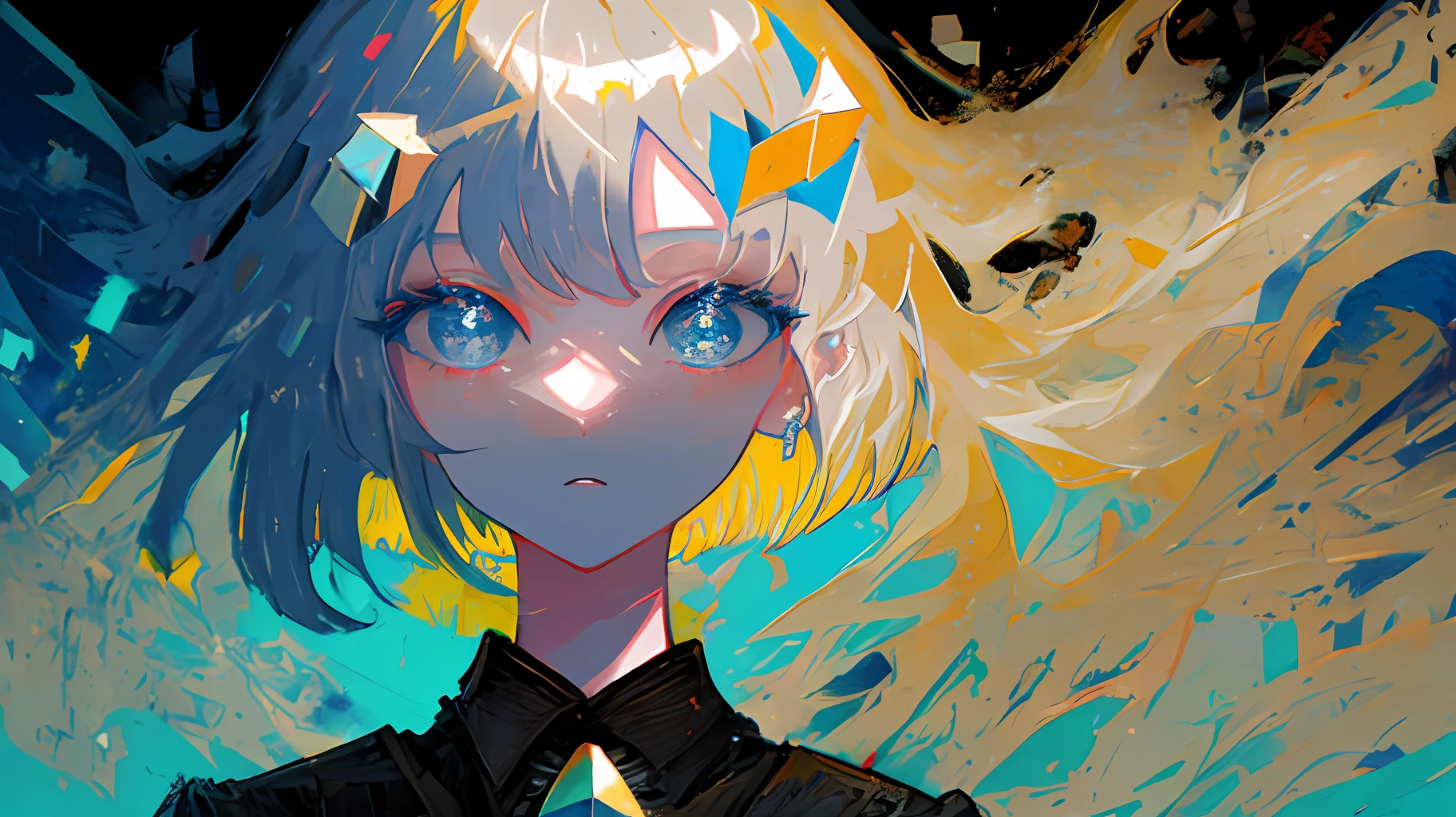 "Masterpiece, best quality, ultra-detailed, portrait of a beautiful girl with platinum blonde hair, bob cut, light blue eyes, in abstract art style on pastel digital background. Add a touch of color and texture to enhance the effect abstract.Beautiful oil painting texture, detailed eyes