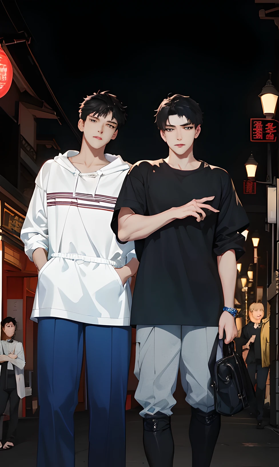 two young men standing next to each other on a city street, jin shan and ross tran, masterpiece, akehiko inoue and ross tran, two young men, shinji, cute boys, ruan jia and fenghua zhong, alessio albi and shin jeongho, ruan jia and brom, summer night, two anime handsome men