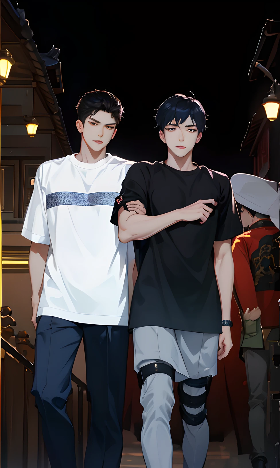 two young men standing next to each other on a city street, jin shan and ross tran, masterpiece, akehiko inoue and ross tran, two young men, shinji, cute boys, ruan jia and fenghua zhong, alessio albi and shin jeongho, ruan jia and brom, summer night, two anime handsome men