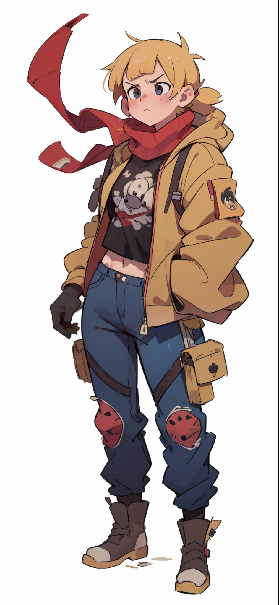 8k, 4k, (highres:1.1), (best,great,amazing quality), (masterpiece:1.3), anime, cartoon, red bomber jacket, punk, boots, crazy, black gloves, muscular, gruff, tough, long scarf, 1girl, upset, bandana