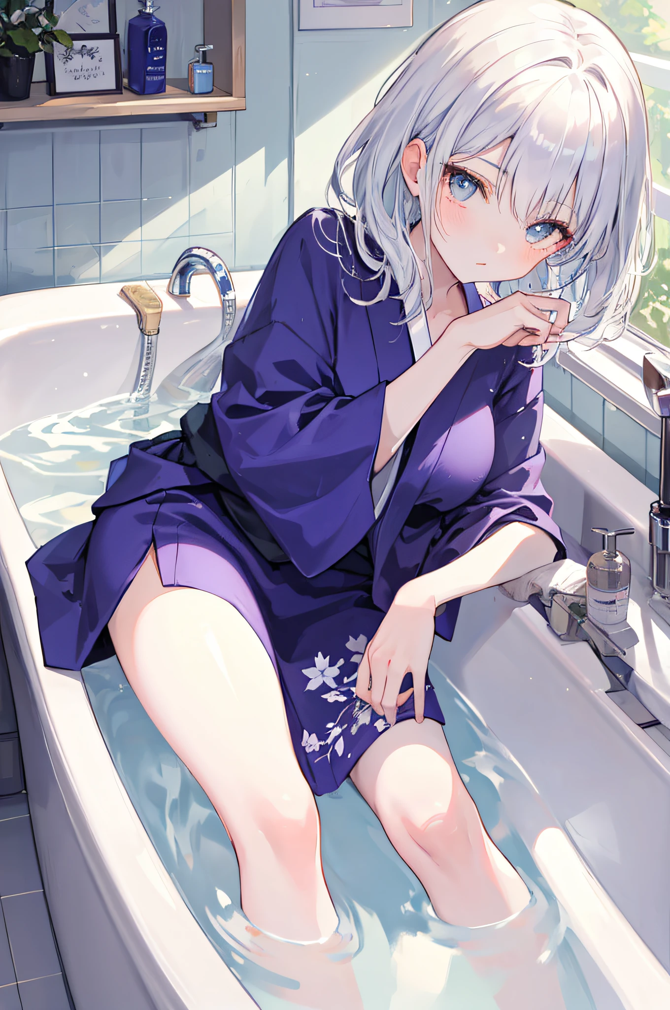 1 white-haired girl lying in bathtub in yukata, face details, HUD, charming, beautiful face, bare legs, best quality, complex background, bathroom, sunlight from the window shining into the bathroom, sparkling water, reflection of light and shadow,
