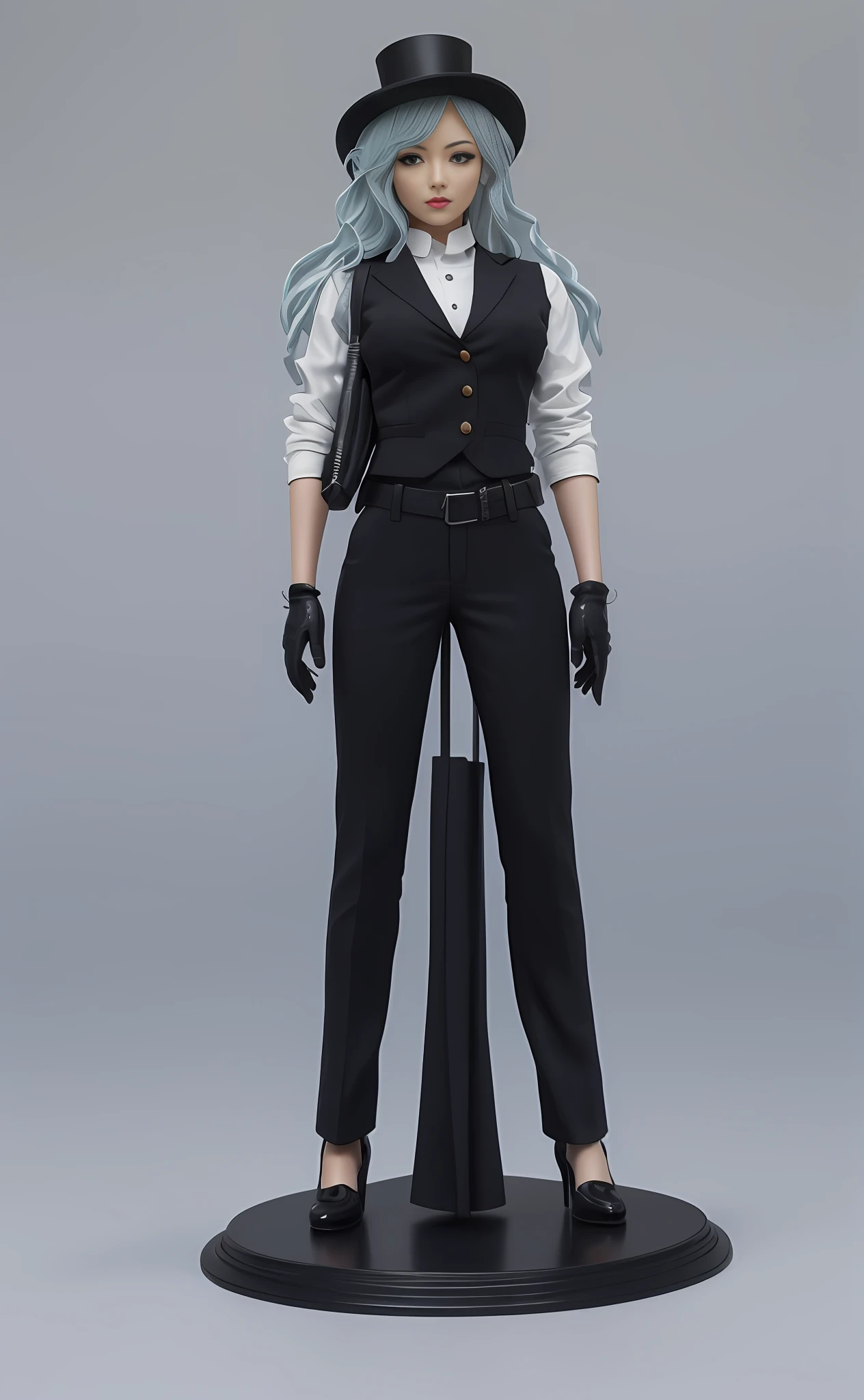 There is a woman in a black suit and a black top hat with a gun, busty breasts, detailed images, mechanical punk costume, suit vest and top hat and gloves, full body 1/6 Nihei Tsutomu, very detailed and rich costumes, costumes, detailed pictures, detective costumes, women's costumes, detail textures, very detailed and high quality, (highly detailed figures)