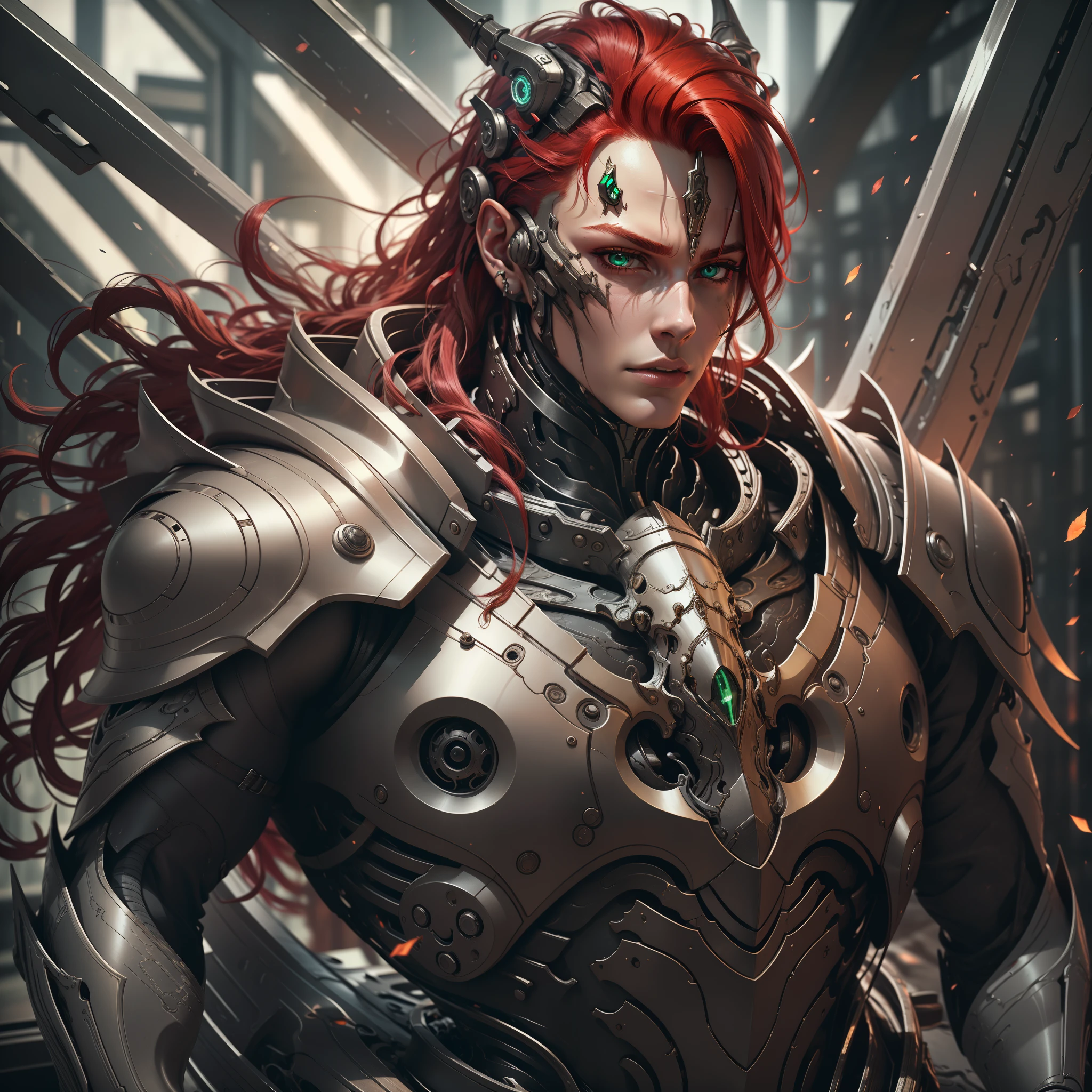 Cyborg Boy, Red Hair, Long Hair, Realistic, Armor with Green Details, Ultra Detailed, Realistic