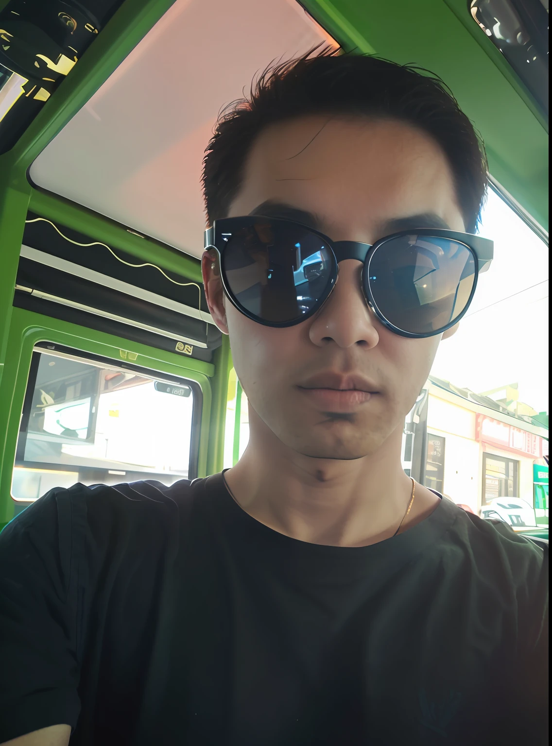there is a man wearing sunglasses on a bus with a green roof, with sunglass, in style of kar wai wong, wong kar wai, 8k selfie photograph, wearing glack glasses, wearing versace sunglasses, wearing black frame glasses, green shades, vr sunglasses, wearing 3 d glasses, with sunglasses, wearing big black circle glasses, selfie shot straight on angle
