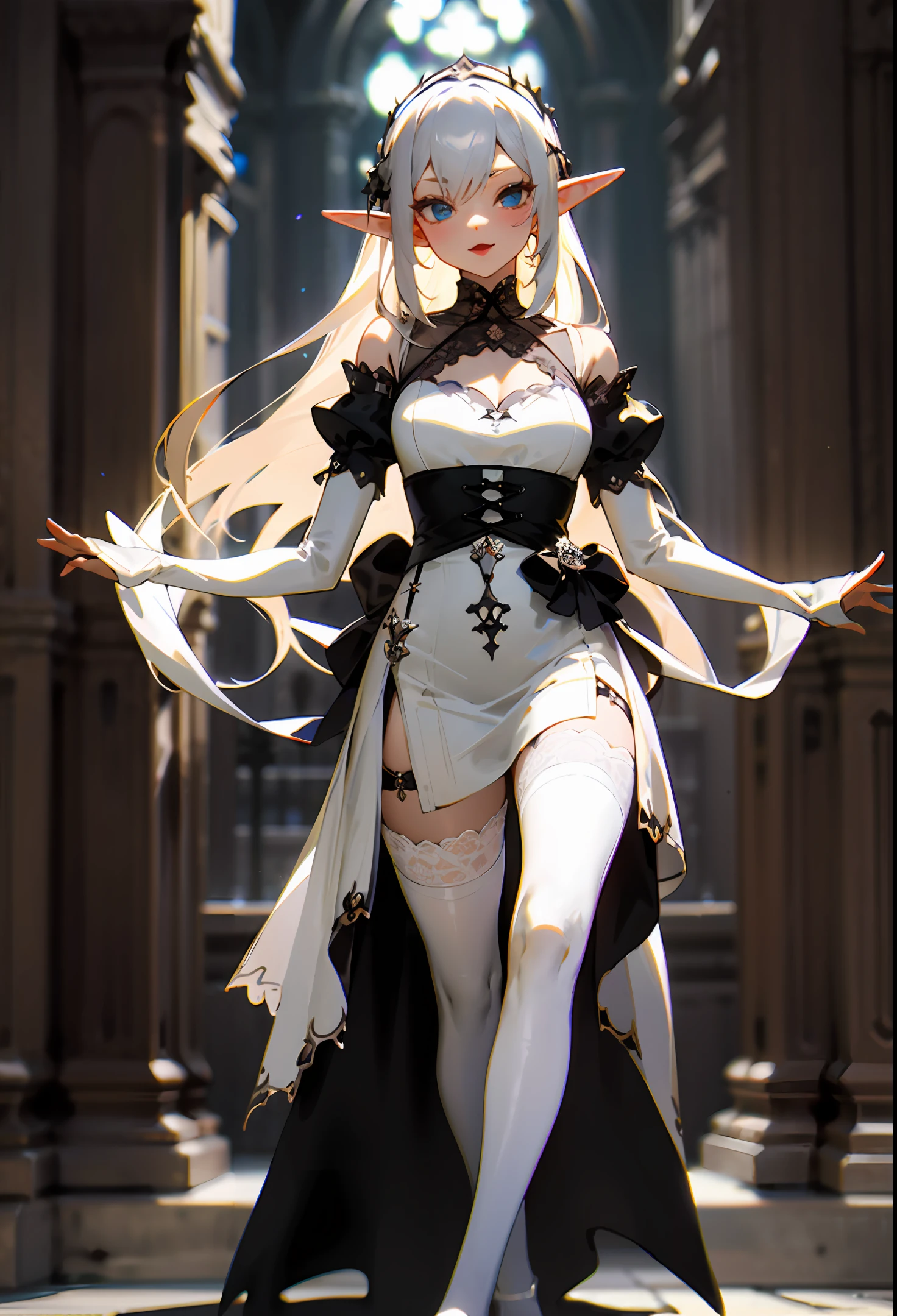 Best quality, elf, white stockings, sexy, gothic dress, lace, classical, three-dimensional