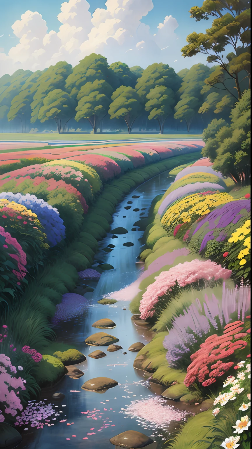 Real, beautiful and amazing landscape oil painting, Miyazaki style, a sea of flowers, colorful flowers exude a charming fragrance, like the beautiful picture of petals falling from Studio Ghibli Miyazaki's film