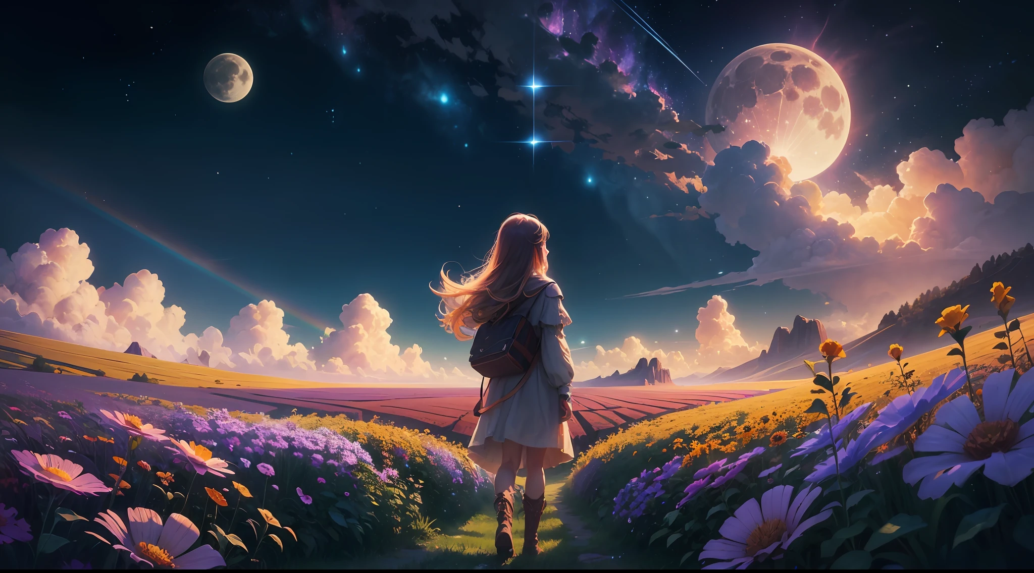 A wide landscape photo, (viewed from below, the sky is above, and the open field is below), a girl standing on a flower field looking up, (full moon: 1.2), (meteor: 0.9), (nebula: 1.3), distant mountains , Trees BREAK Crafting Art, (Warm Light: 1.2), (Firefly: 1.2), Lights, Lots of Purple and Orange, Intricate Details, Volumetric Lighting BREAK (Masterpiece: 1.2), (Best Quality), 4k, Ultra Detailed, (Dynamic Composition: 1.4), Rich in Detail and Color, (Rainbow Color: 1.2), (Glow, Atmospheric Lighting), Dreamy, Magical, (Solo: 1.2)