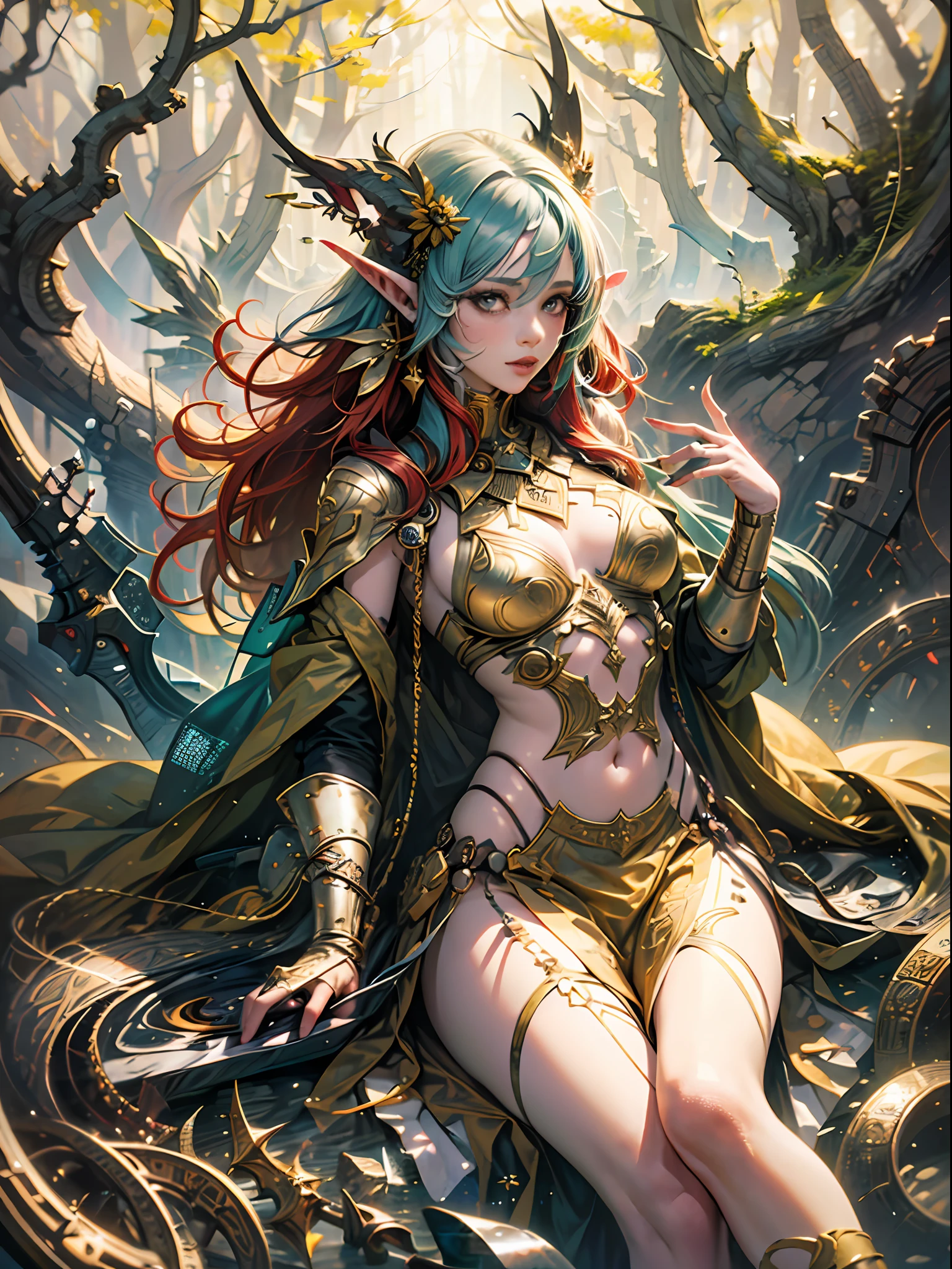 (Top Quality: 1.4), (Unparalleled Masterpiece),(Photorealistic: 1.4), RAW Photography,Red Hair and Green Dress, Dress Made of Leaves, Delicate Golden Pattern, Queen of Goblins in the Summer Forest, Fantasy Style Art, Beautiful Girl, Detailed Fantasy Digital Art, Very Beautiful Fantasy Art, Forest Elf, Beautiful and Elegant Dryad, Graphic artist Magali Villeneuve, nymph, (illustration), wallpaper, original,
