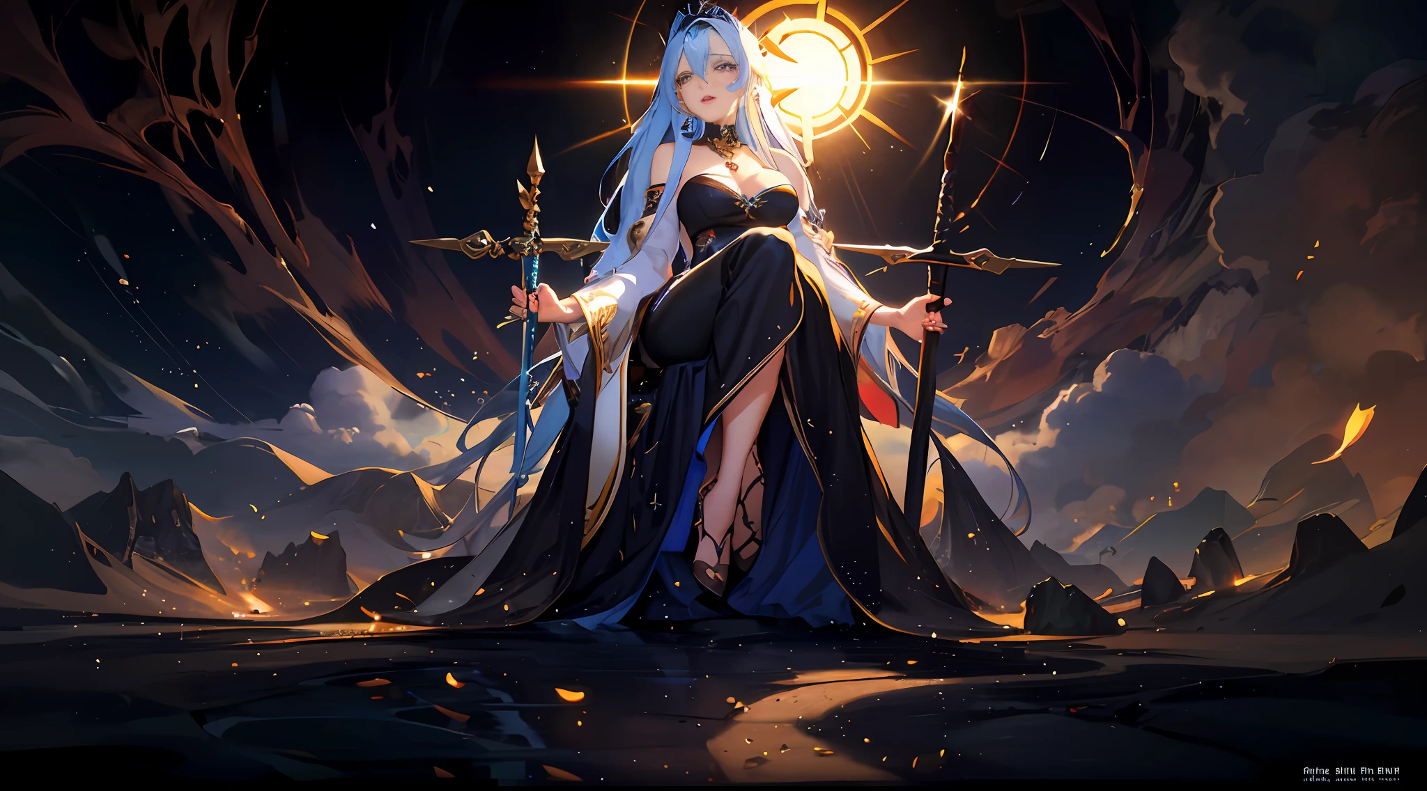 Anime, a woman in a black dress with a white headdress and a sword in her hand, Guvitz at the pixiv art station, the white-haired god, Guwiz in ArtStation Pixiv, Guillem H. Pongiluppi, Guwiz masterpiece, dark fantasy style art, Guvitz, Yang J, full body!! Minimalist details, rendered with SFM, Guillem H. Pongiluppi, high quality digital concept art, by Bayard Wu, concept art wallpaper 8K, 8K HD wallpaper digital art, (dynamic angle: 1.4), depth of field exotic_Dance, PerfectNwsjMajic, (Obra-prima, top quality, best quality, official art, Beauty and Aesthetics: 1.2), Extreme Detail, Colorful, Supreme Detail, Obra-prima, Best Quality T, Reality, Asian Goddess, Soft Curved Shape, Movie Goddess Body Shot, Beautiful Goddess, Pressing, Extremely Detailed Goddess Shot, Realistic, 1girl, Blue Hair, Blue Eyes, Glow Eyes, Cropped Top, Blush, Sun, Sunshine, Girl, Bare Shoulders, Huge Breasts, Hair Between Eyes,Long Hair, View Viewer, Parted Lips, Tongue sticking out, red eyes, simple background, necklace, shine , solo, V-arms, (shiny skin), (masterpiece: 1.4), (best quality: 1.4), ,,, Facigirl, red lips, (: 1.5), (transparent areola), chubby, huge, sweaty, fleshy ass, plump body,