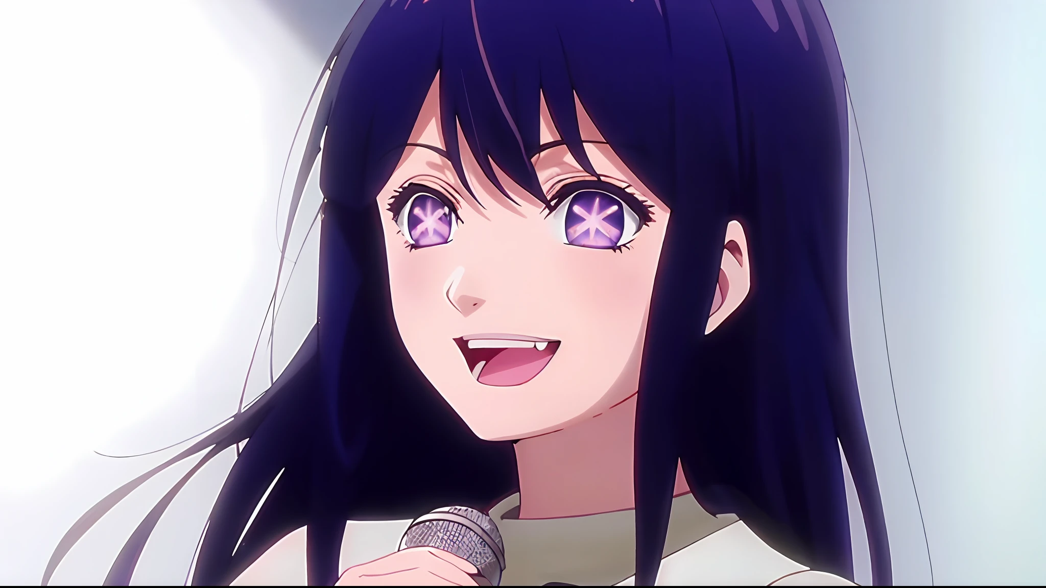 anime girl with long dark blue hair and purple eyes holding a microphone, anime best girl, anime moe artstyle, anime visual of a cute girl, 2 0 1 9 anime screenshot, still from tv anime, ai hoshino, anime screenshot, anime movie screenshot, anime still image, blunt bangs, big smile, hinata hyuga as ai hoshino