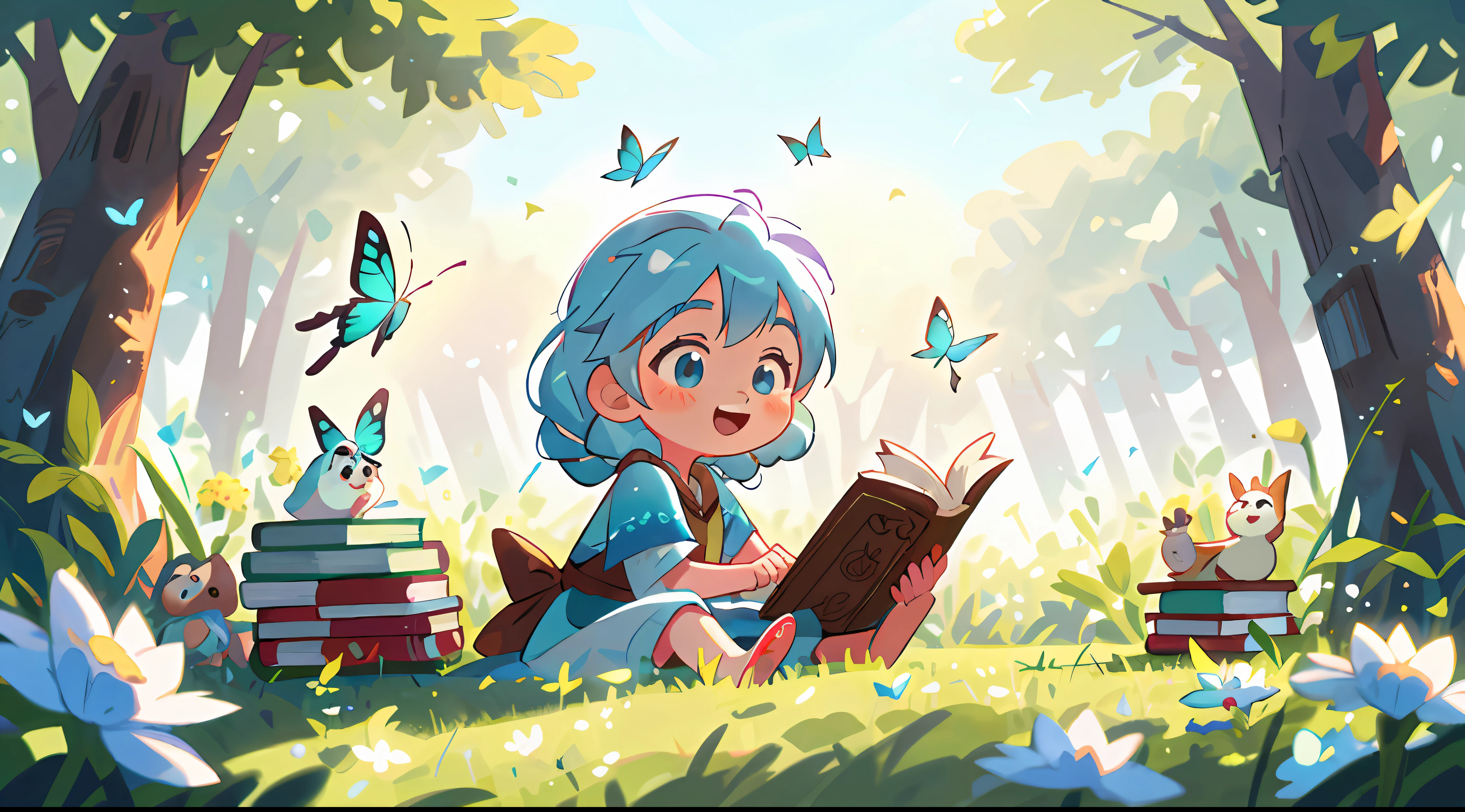High Detail, Ultra Detail, 8K, Ultra High Resolution, Elsa, from Frozen, child, toddler, enjoying her time in the open field, surrounded by the beauty of nature and books, warm sun sprinkling on her, wildflowers gently swaying in the breeze. Butterflies and birds flutter around her, adding to the playful atmosphere, pastel blue hair tie