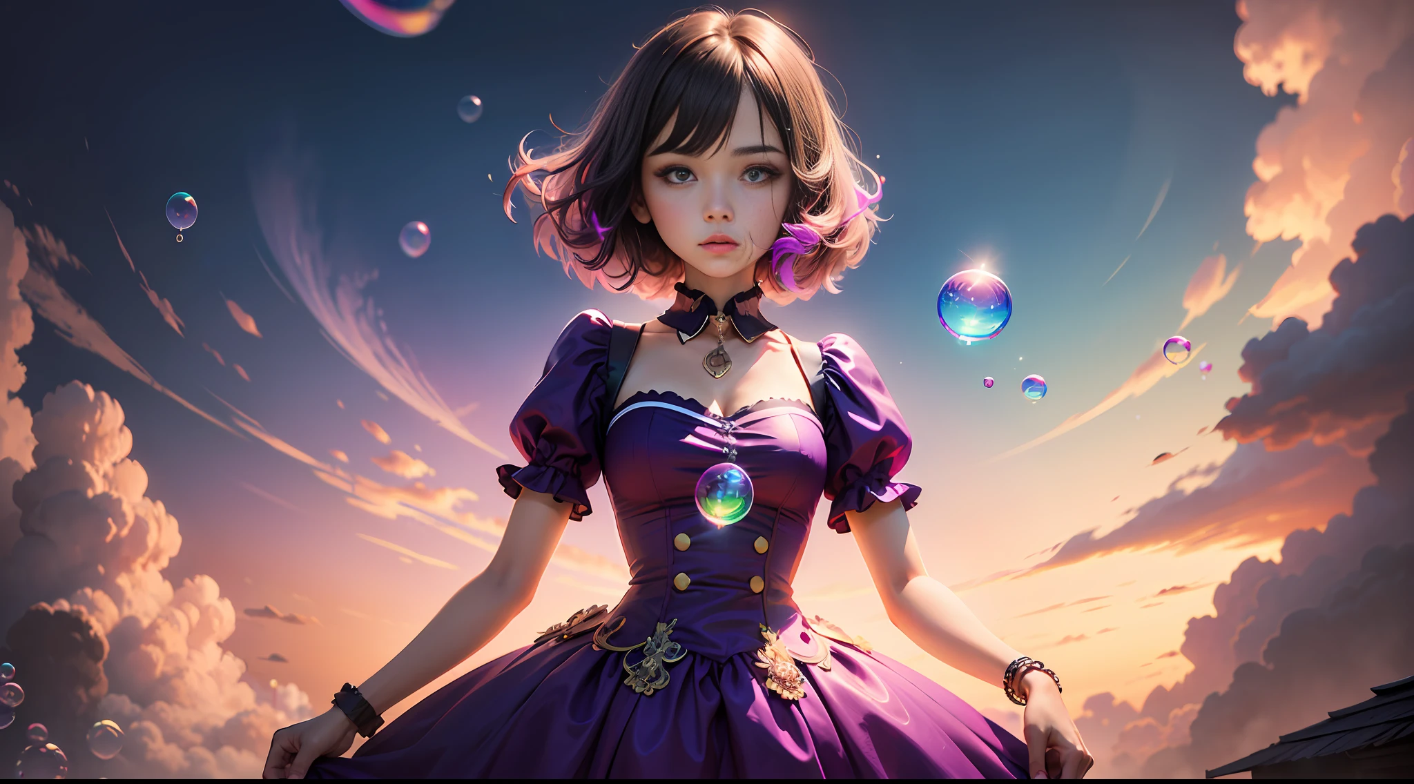 high quality, one standing girl, dress, detailed face, clear hands, pink and purple clouds background, ((neon colorful soap bubbles))