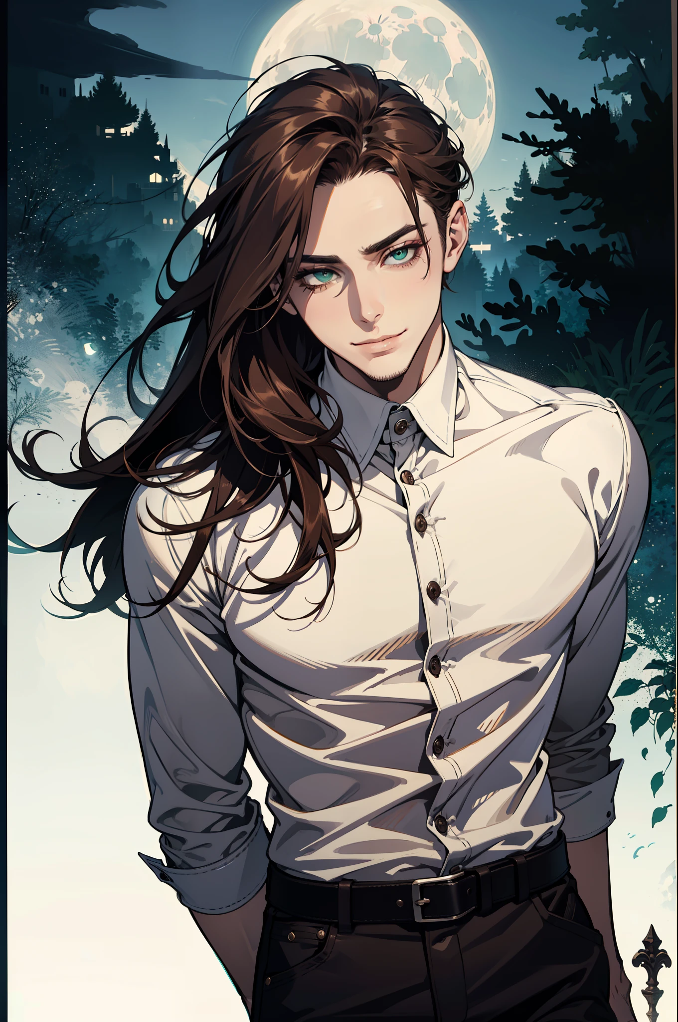 (absurdres, highres, ultra detailed), 1man, 30 years old man, adult man, handsome, tall,, finely detailed eyes and detailed face, black leather pants, white shirt, night, smile, dutch angle, ((long hair, brown hair)), moon, forest, bad boy, gothic, dark, looking at the view, pale skin, green detailed eyes, eyeliner, (masculine), sexy, smirk, seductive, slightly muscular, very attractive, flirtatious, mature, ((adult mature face)), medium large shoot, (MLS), conceited, egocentric