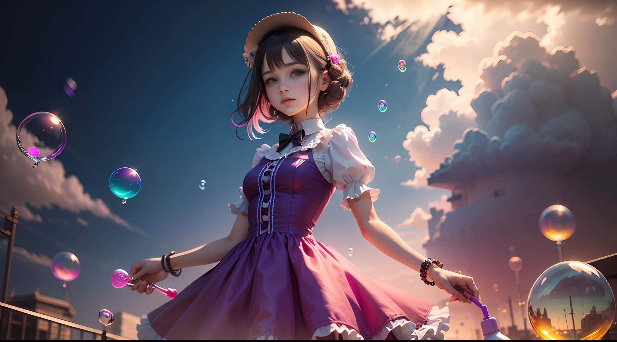 high quality, one standing girl, dress, detailed face, clear hands, pink and purple clouds background, ((neon colorful soap bubbles))
