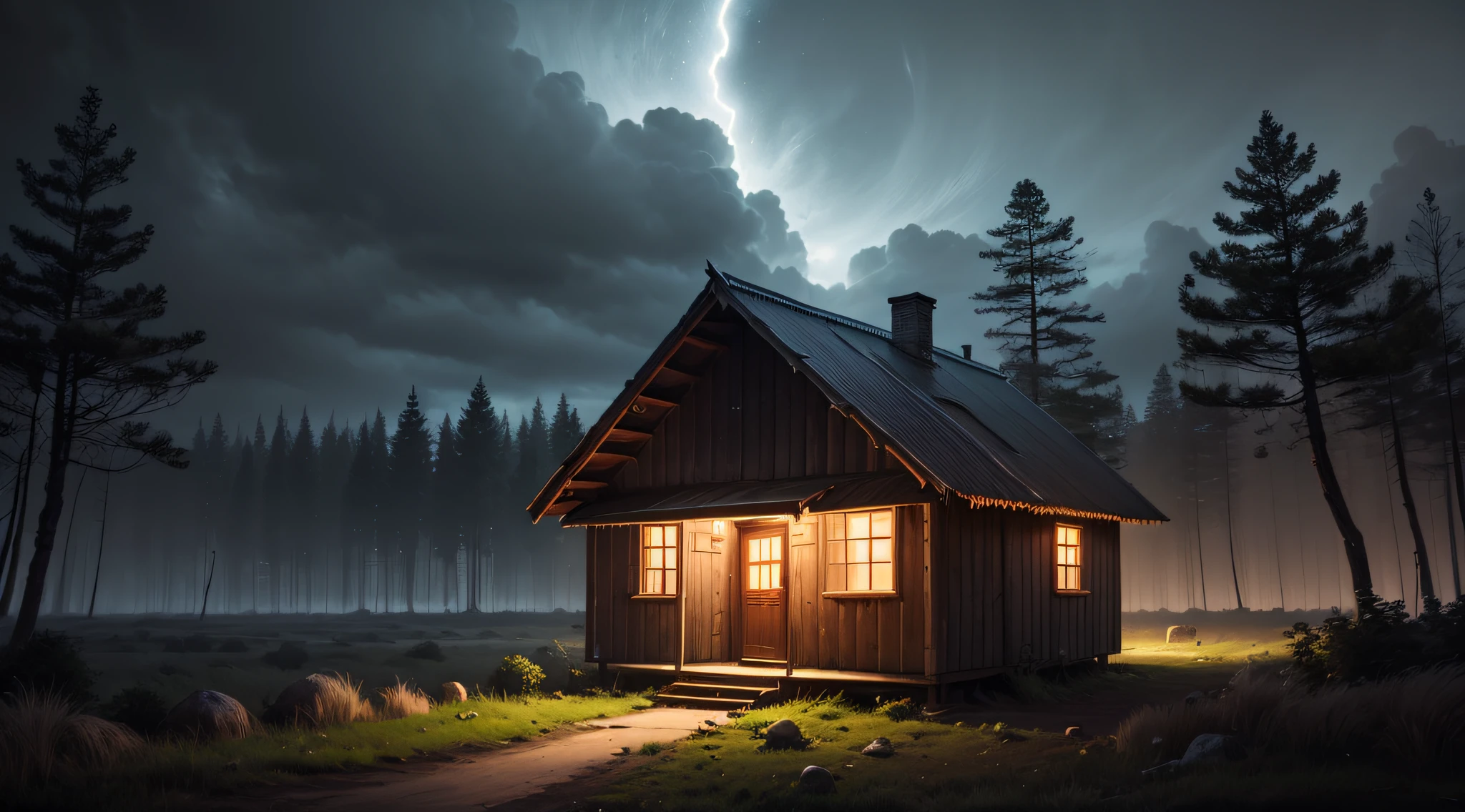 old hut in the middle of the forest at night, dark weather, no light, --auto