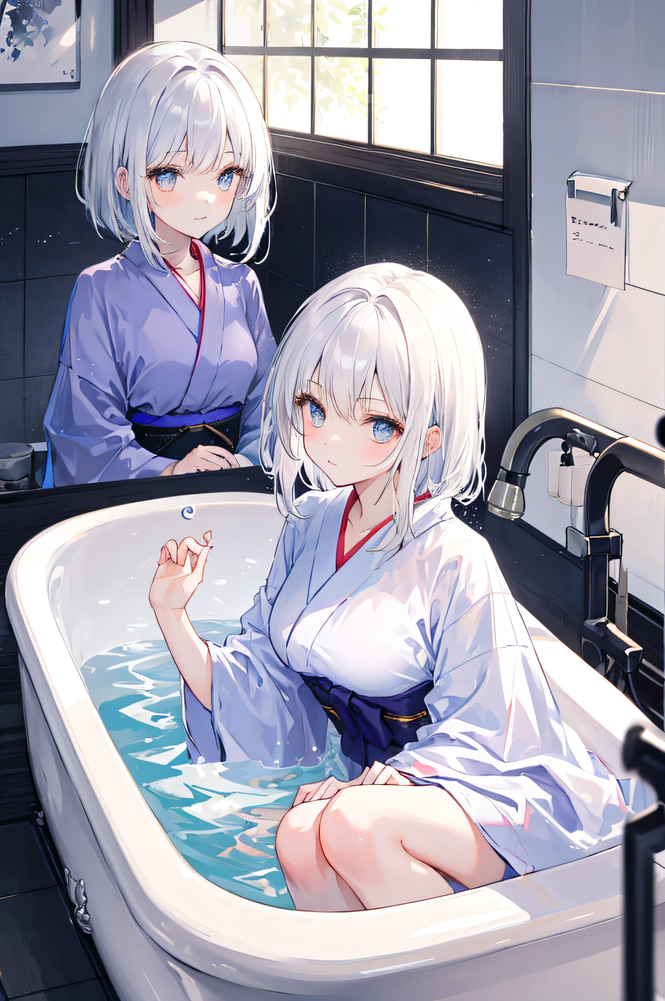 1 white-haired girl lying in bathtub in yukata, face details, HUD, charming, beautiful face, bare legs, best quality, complex background, bathroom, sunlight from the window shining into the bathroom, sparkling water, reflection of light and shadow,