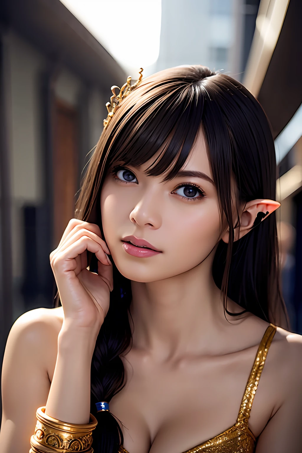 Ultra-detailed complex 3D rendering of the face, (Colossal: 7.8), (masterpiece, top quality, octane rendering, 8K), glamour shot full body image, very beautiful young elf, cleavage, (very detailed skin: 1.2), (exposure: 1.1), brown hair, (skewed silvery micro bikini, : 1.5)), one beautiful Caucasian woman, with full soft breasts and dark skin with big buttocks, Long braided hair, big breasts, dynamic angle, mystical expression, ultra-realistic photos, ((Sexy pose))), bare feet, futuristic urban background, facial muscles, detailed and beautiful queen gold crown, in the style of Marvel Comics, ArtStation trends, clear focus, studio photography, intricate details, highly detailed, detailed red eyes, very detailed, Sharp Focus, Digital Rendering, Professional, Abs, Dark Grey Background, ((((Sexy Pose))), Glossy Skin,