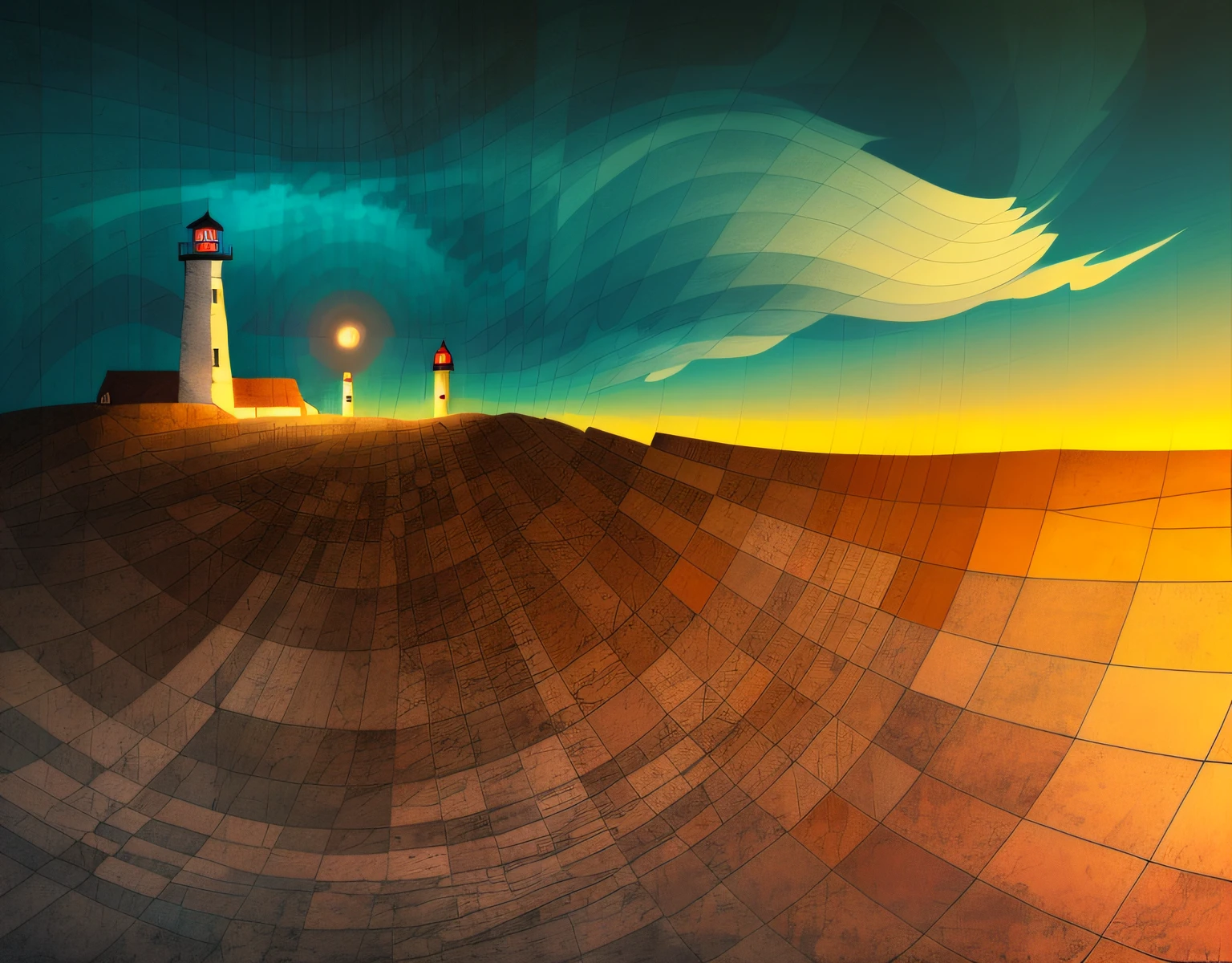 olorized seascape at night, lighthouse, in the style of graphic novel inspired illustrations, intricate landscapes