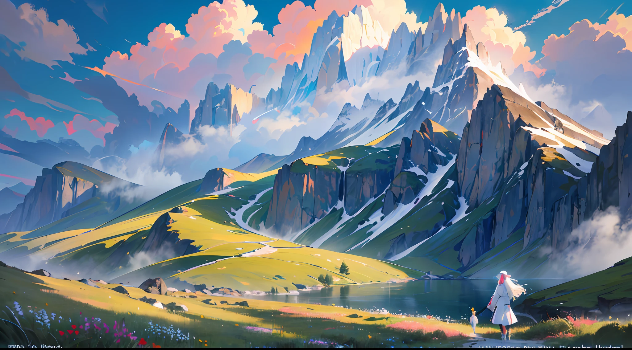 ((best quality)), ((masterpiece)), (ultra-detailed), (illustration), (detailed light), (extremely delicate and beautiful), ((trim)), incredibly_absurdres, (ray tracing), (signature), (English text: 1.5), (beautiful sky)), (landscape), (mountain), (cloud), (nature), (grass), (fog), (flower), (river), ((Solo: 1.8)), (1 Girl: 1.8), (A Beautiful Girl), ((Full Body Shot)), ((Standing)), (Back Face), (+Perfect Hands+: 1.21), ((((White Coat))), ((Beautiful White Dress + White Knee Boots)), (((Belt)), ((White Hat)), (White Scarf), (Leg Ring), ((Long white_hair)), (Signature), (English text: 1.5), ((Beautiful sky)), (Landscape), (Mountain)), (Cloud), ((Nature)), (Grass), (Fog)), (Pine), (Flower), (River), People Shot,