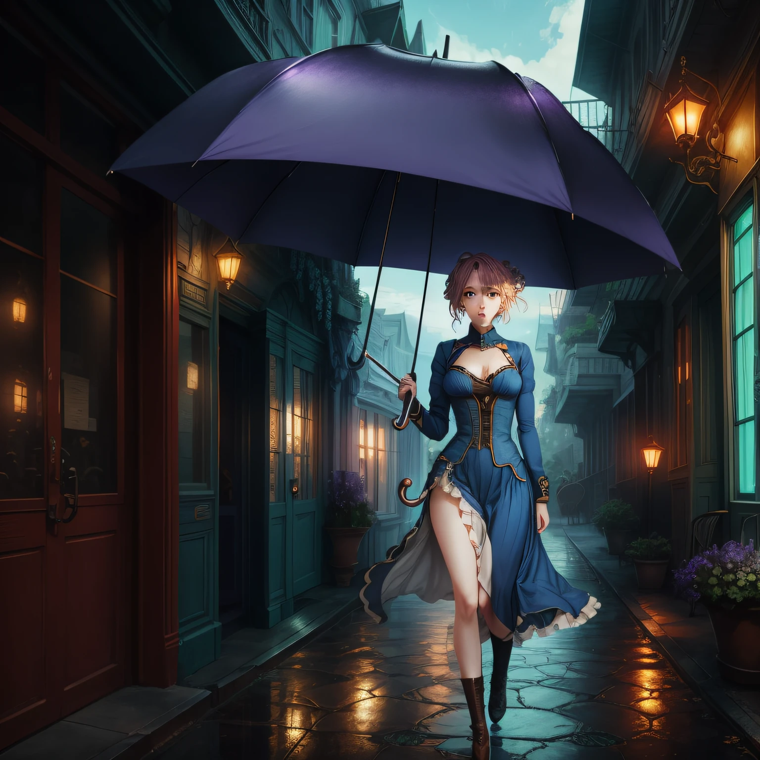 Make the Violet Evergarden sexy with an umbrella, dressed in blue --auto