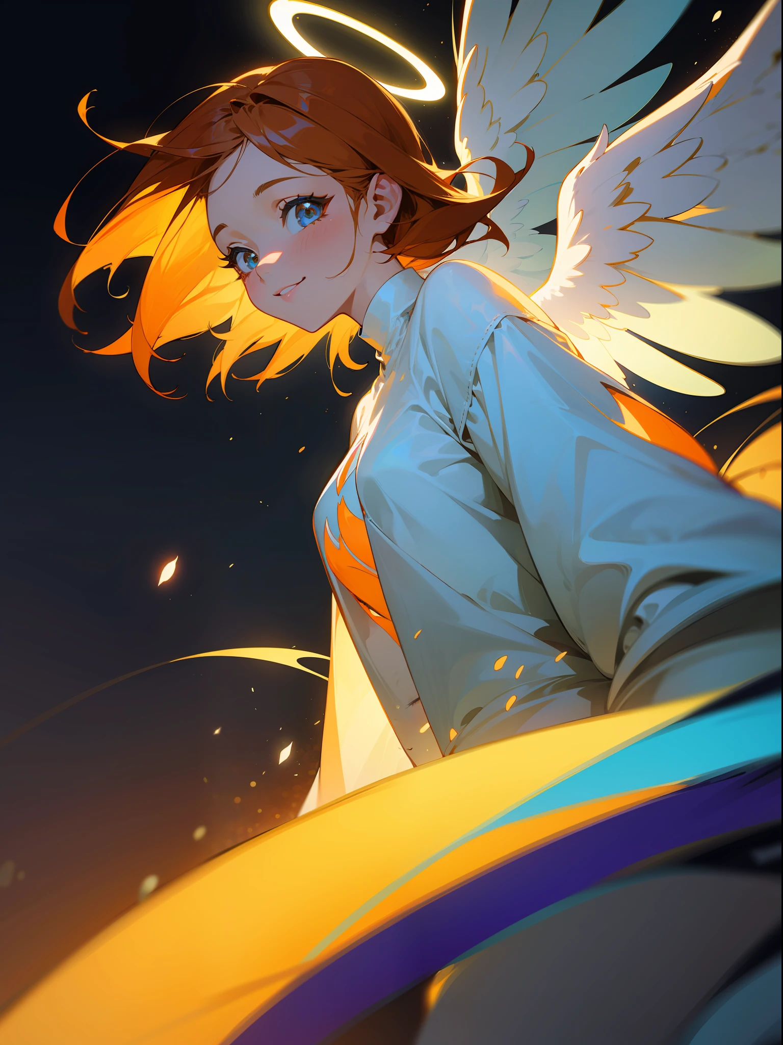 1girl, cute, angel, gorgeos, halo, orange hair, angel wings, holy, sensual, confident, smilling, side view, expressive eyes, collofull eyes, abstract background, traced lights, contrast, shadows, blue and orage, particles, masterpiece, digital art