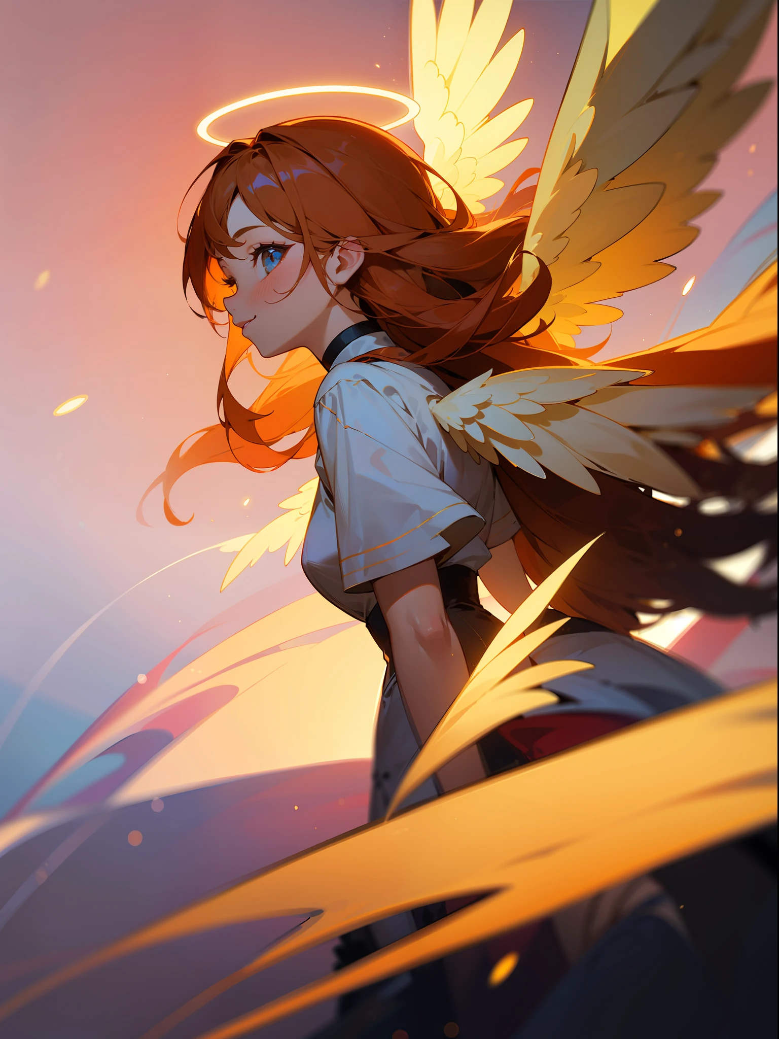 1girl, cute, angel, gorgeos, halo, orange hair, angel wings, holy, sensual, confident, smilling, side view, expressive eyes, collofull eyes, abstract background, traced lights, contrast, shadows, blue and orage, particles, masterpiece, digital art