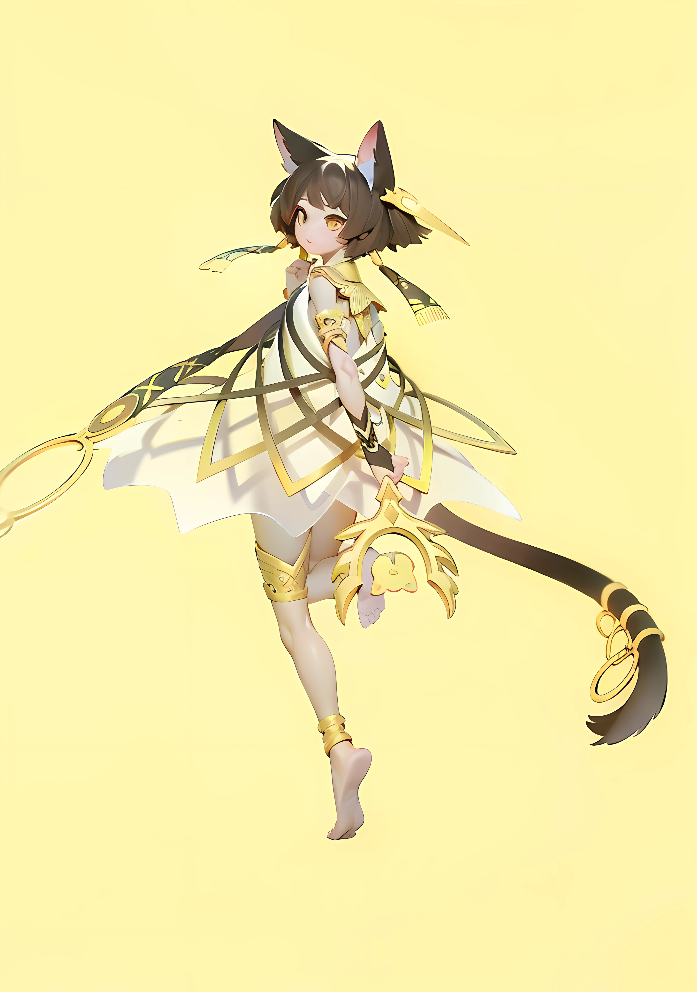 3D two-dimensional, Egyptian cat goddess, redraw light and shadow, thickly apply light and shadow, optimize hair details, highlight the metallic luster of the decorations on the body, highlight the translucency of the dress, highlight the development of weapons with metallic texture, bare feet, bare legs