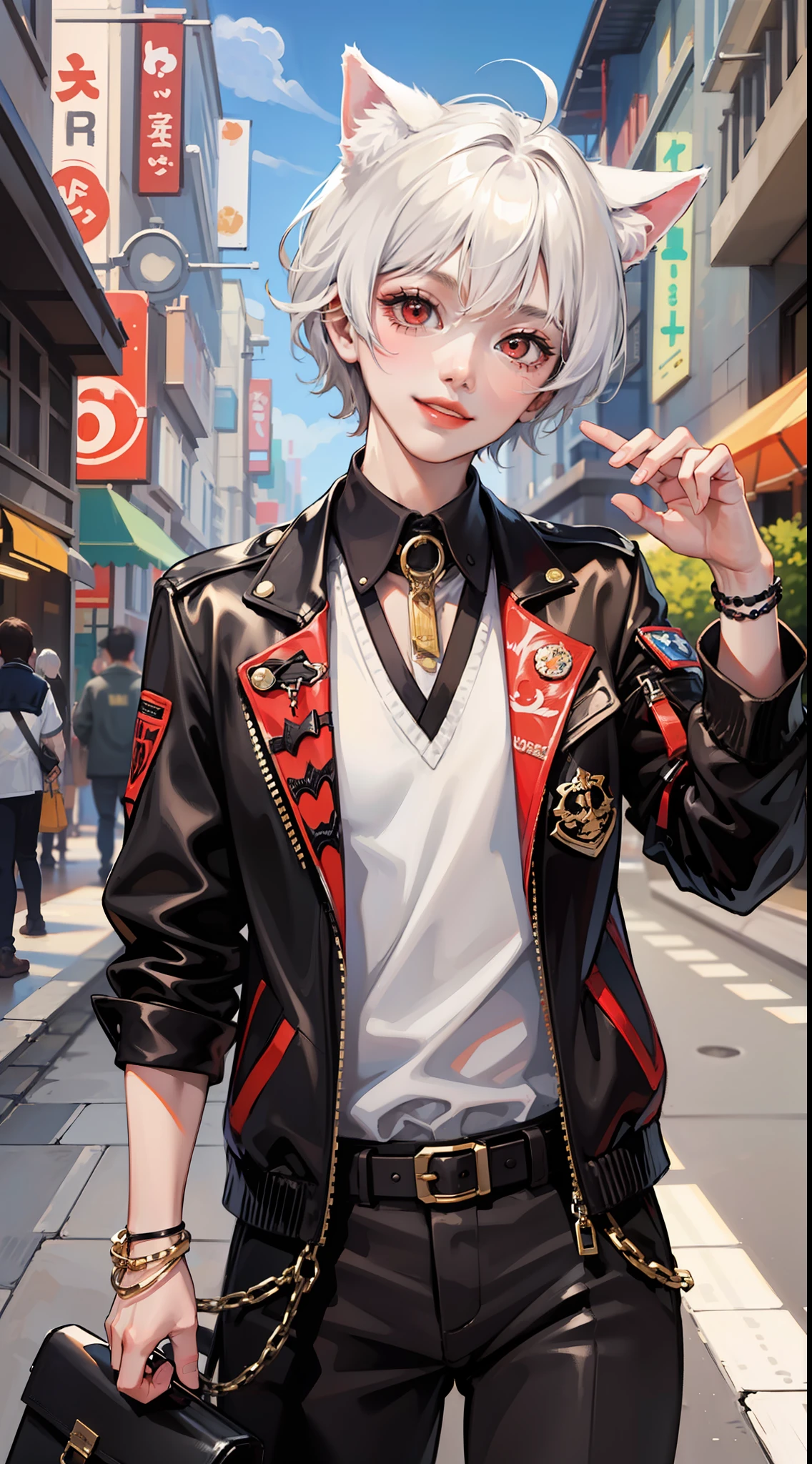 Young guy, short white hair, red eyes, cat ears, dressed like a pop idol, smile, masterpiece, high quality
