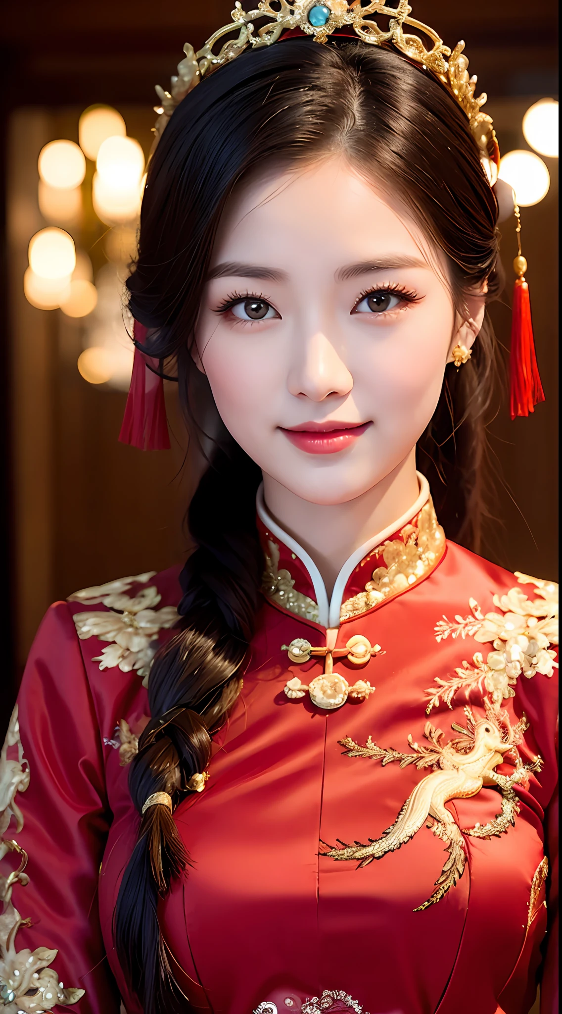 (8k, RAW Photo, Best Quality, Masterpiece: 1.2), (Realistic, Realistic: 1.37), 1 Girl, Woman in Red Dress and Headdress Posing for Photo, Gorgeous Role Play, Beautiful Costume, Chinese Dress, Complex Dress, Complex Costume, Traditional Beauty, Gorgeous Chinese Model, Chinese Costume, Wearing Gorgeous Costume, Wearing Elegant Chinese Xiuhe Dress, Chinese Wedding Dress, Phoenix Crown Xia Hanging, Antique Bride, Xiuhe Costume, Close Up, Wearing Phoenix Crown, Smile, No Watermark, Dragon and phoenix embroidered dress