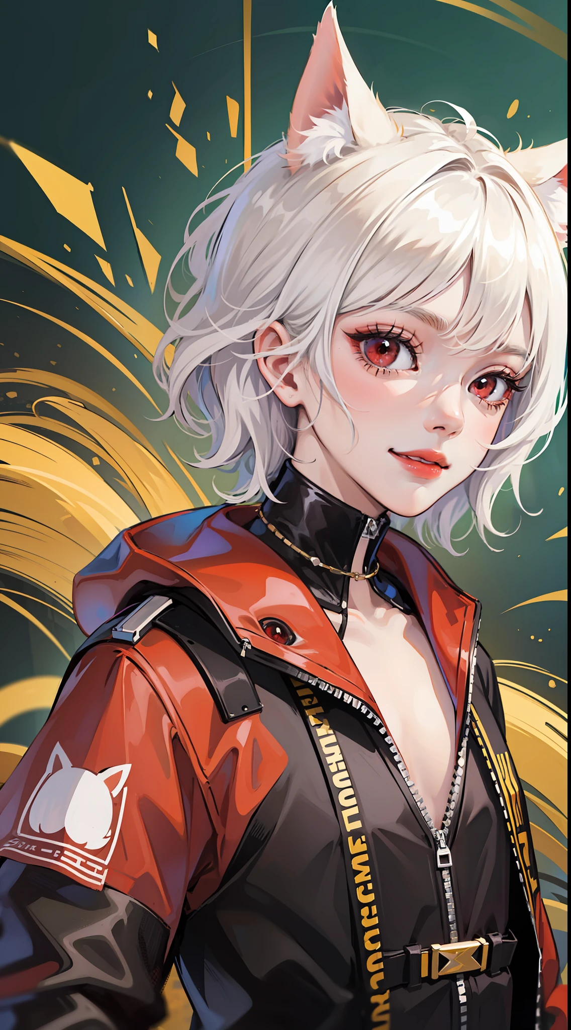 Young guy, short white hair, red eyes, cat ears, dressed like a pop idol, smile, masterpiece, high quality