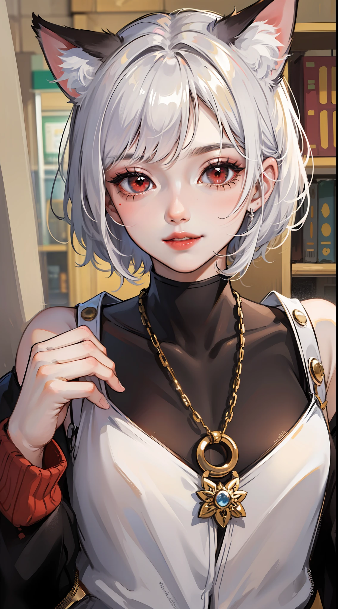 Young guy, short white hair, red eyes, cat ears, dressed like a pop idol, smile, masterpiece, high quality