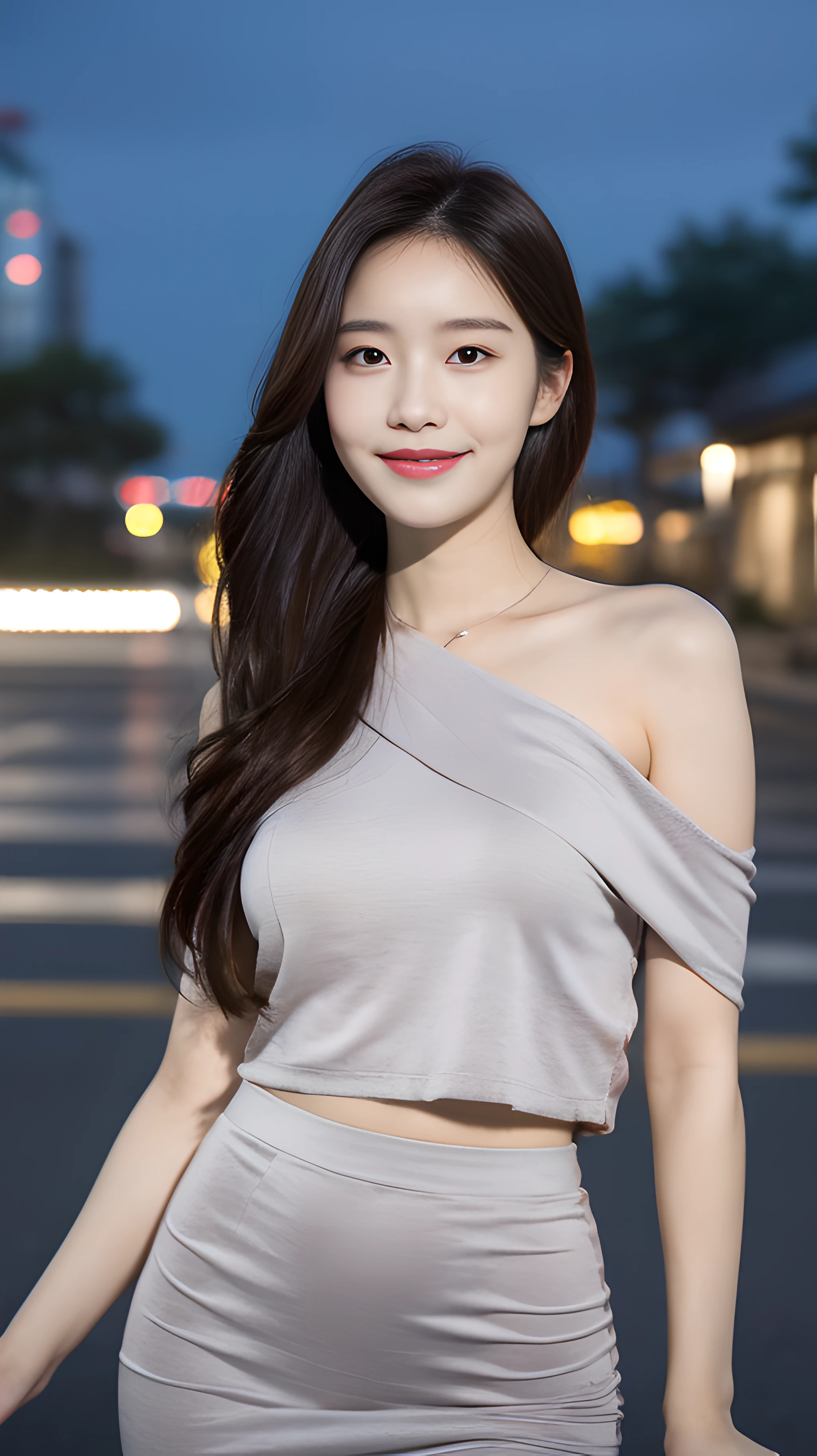 (1 cute Korean star), ((best quality, 8k, masterpiece: 1.3)), focus: 1.2, perfect body beauty: 1.4, ((air bangs: 1.2)), , (night, street: 1.3), highly detailed face and skin texture, delicate eyes, double eyelids, whitened skin, (long hair: 1.3), (round face: 1.5), (shoulder skirt: 1.6). Smile, night, blow the wind on the roof