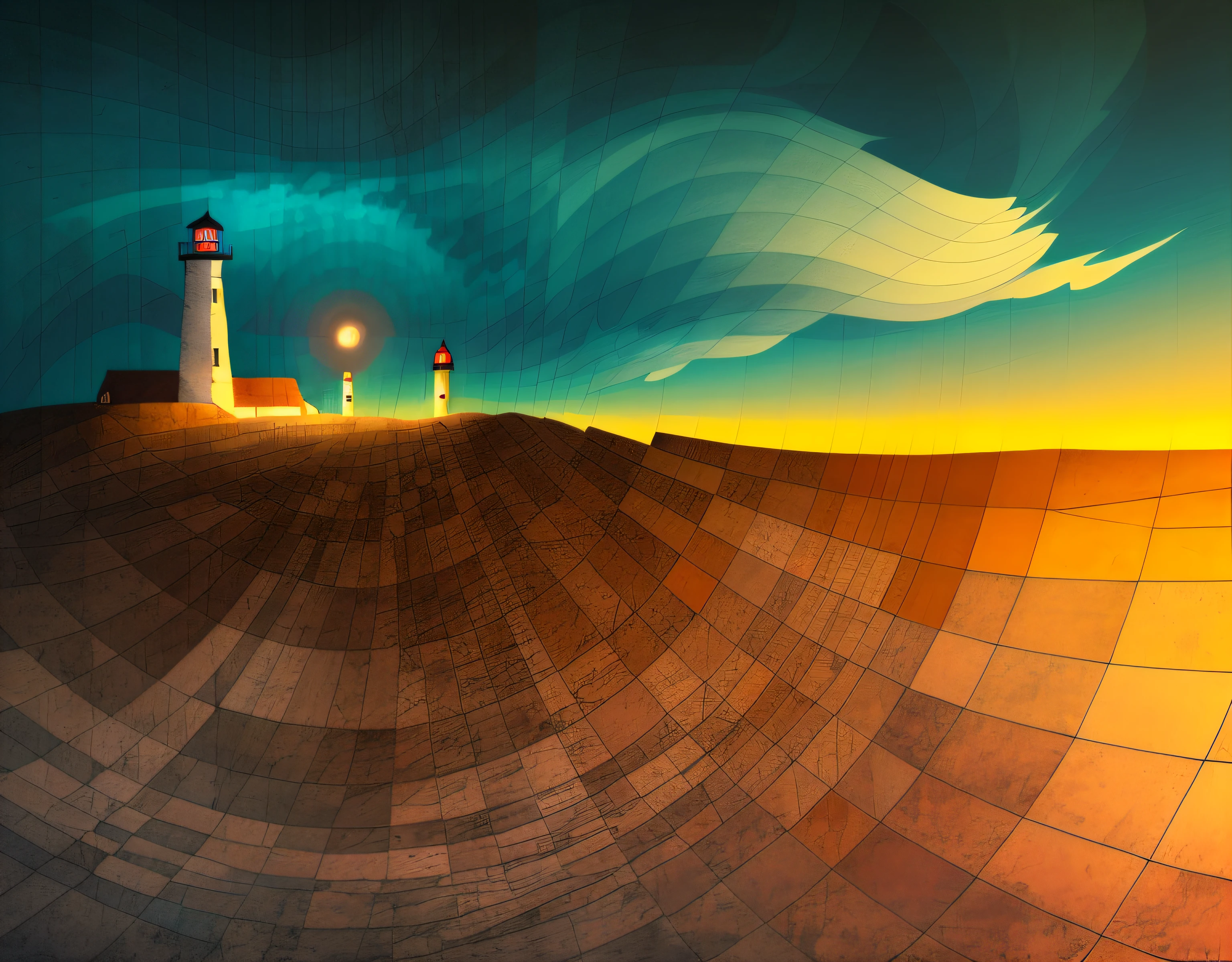 olorized seascape at night, lighthouse, in the style of graphic novel inspired illustrations, intricate landscapes
